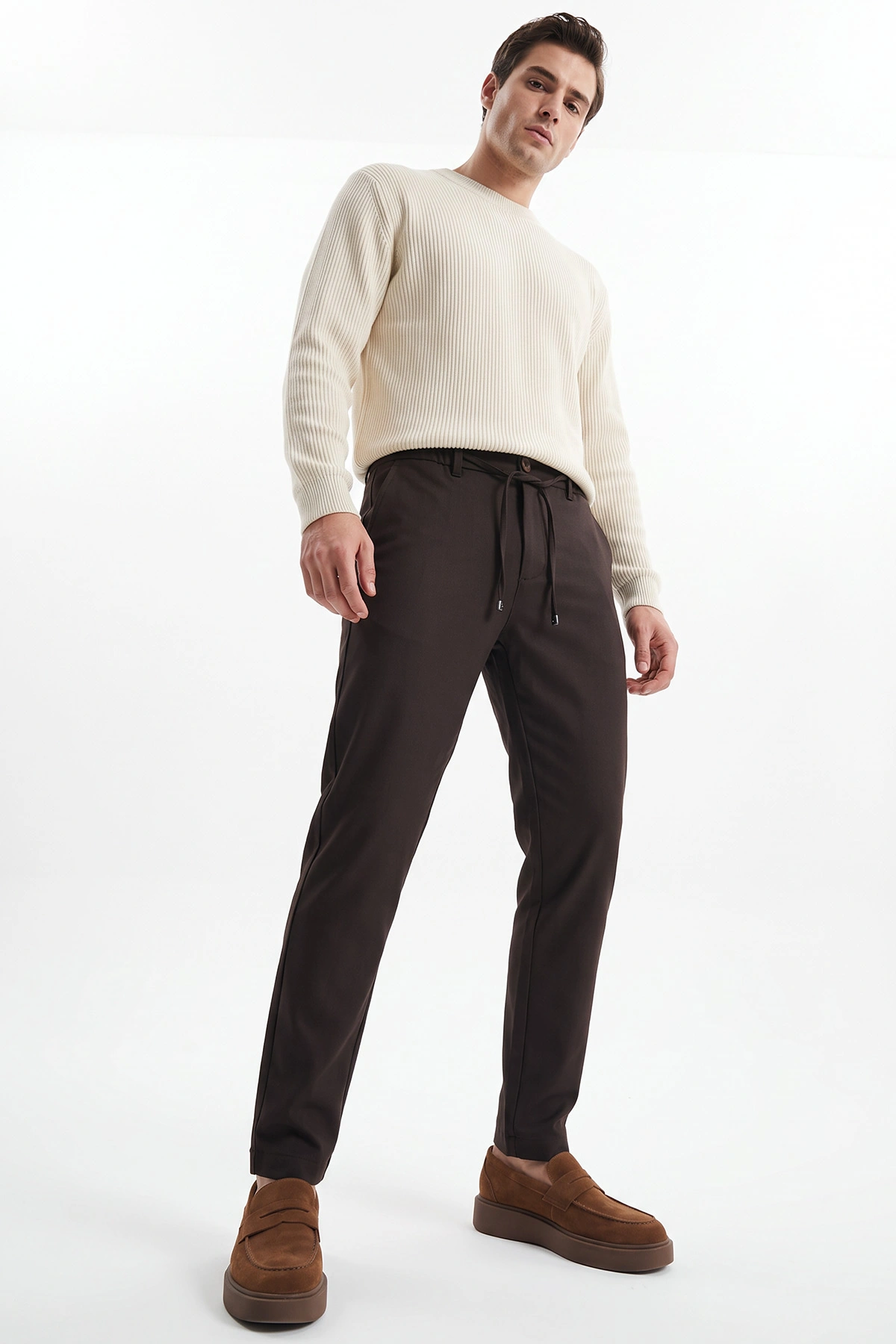 Kahverengi  Slim Fit Belden Bağlamalı Erkek Pantolon 493215