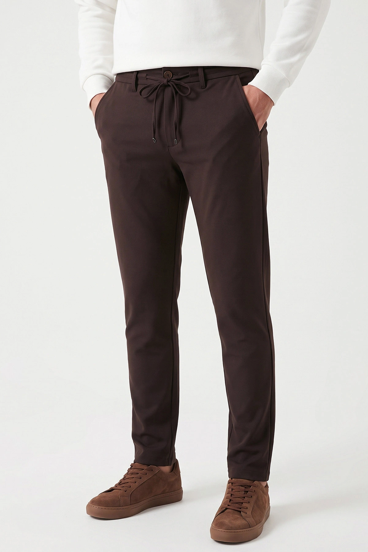 Kahverengi Slim Fit Belden Bağlamalı Erkek Pantolon 493279