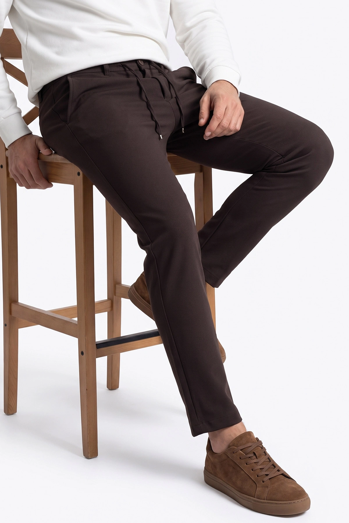 Kahverengi Slim Fit Belden Bağlamalı Erkek Pantolon 493279