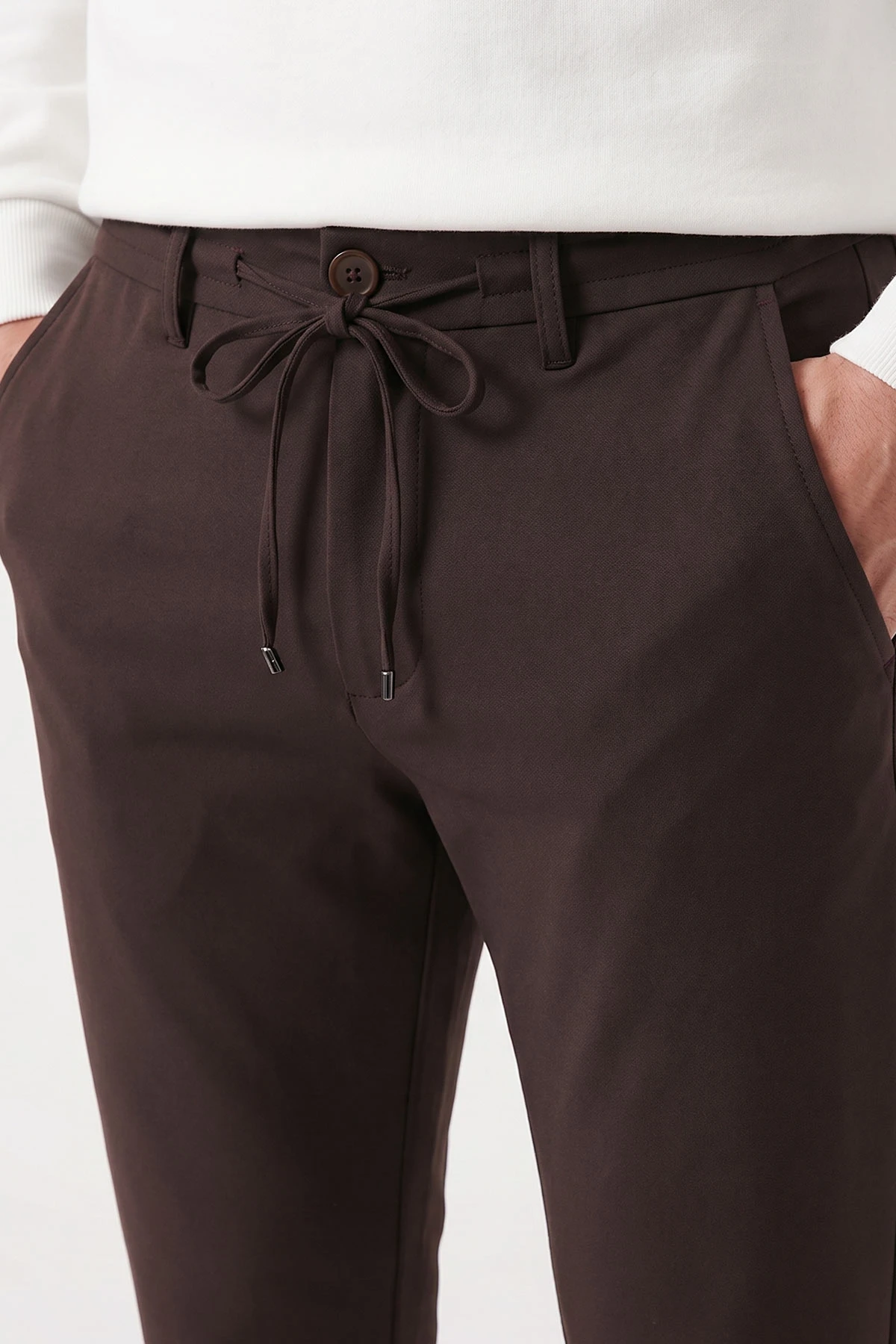 Kahverengi Slim Fit Belden Bağlamalı Erkek Pantolon 493279