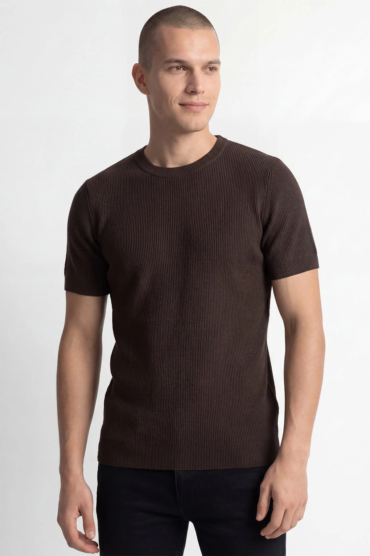 Kahverengi Slim Fit Bisiklet Yaka Triko Erkek Tişört 449044