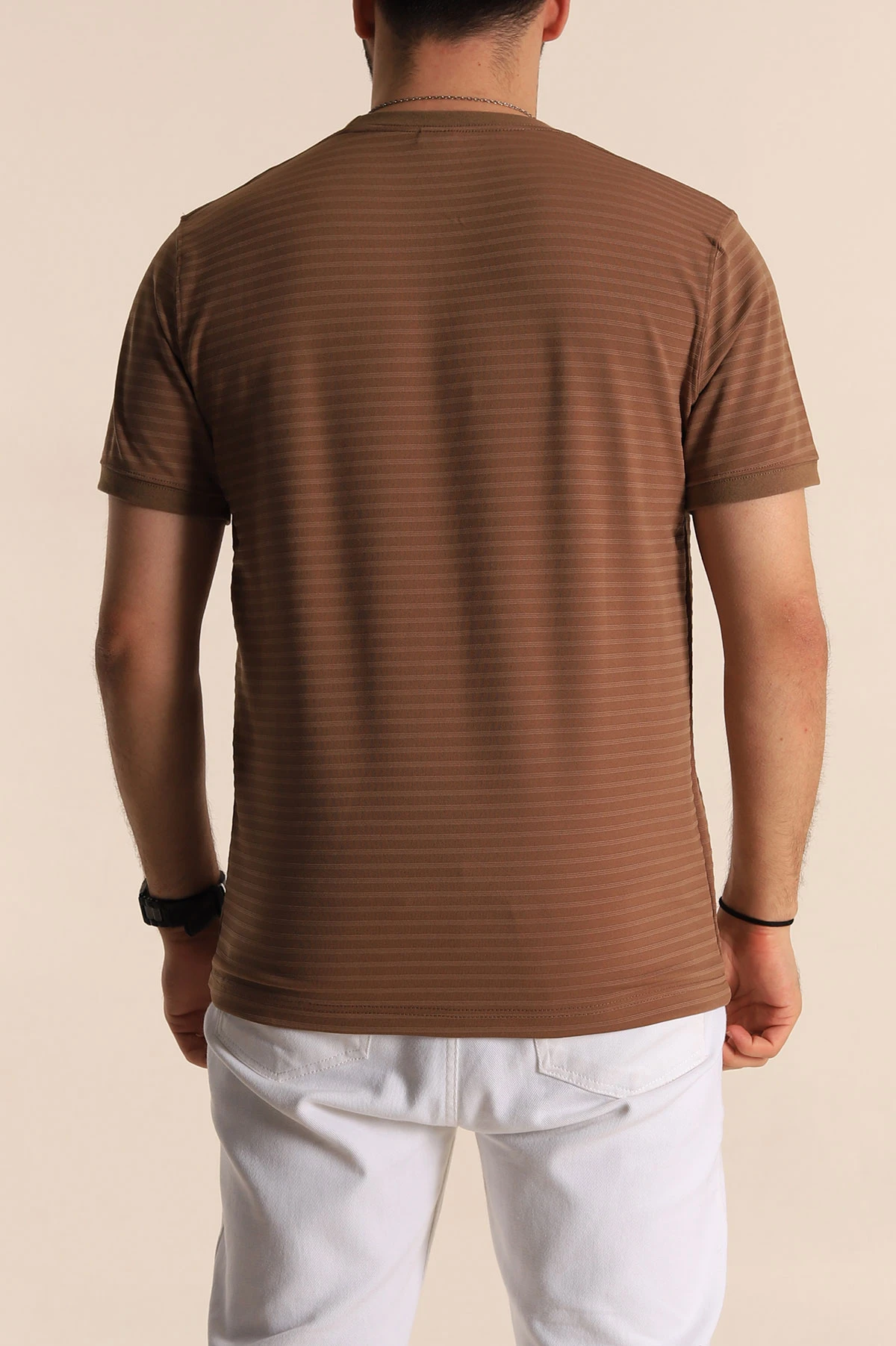 Kahverengi Slim Fit Çizgi Detay Likralı Erkek Tişört 268684