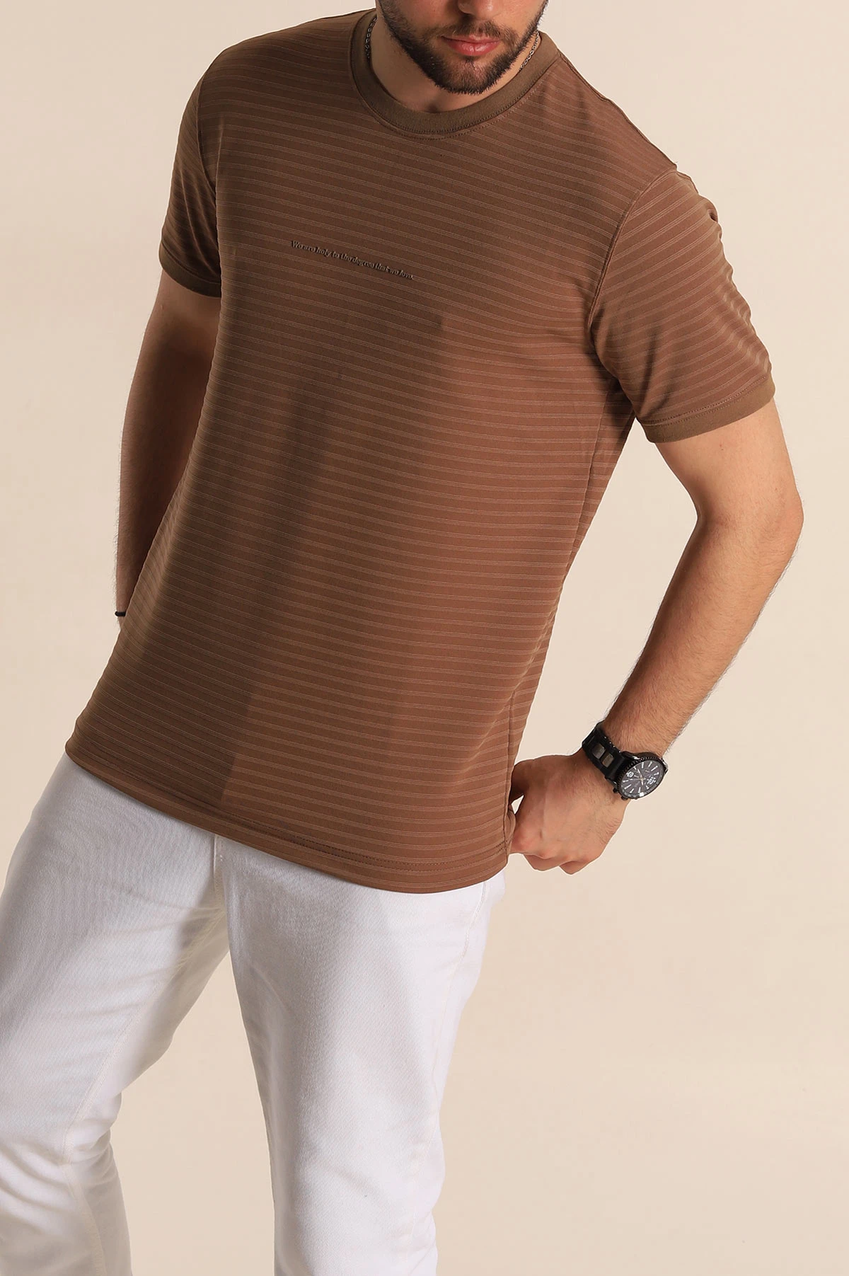 Kahverengi Slim Fit Çizgi Detay Likralı Erkek Tişört 268684