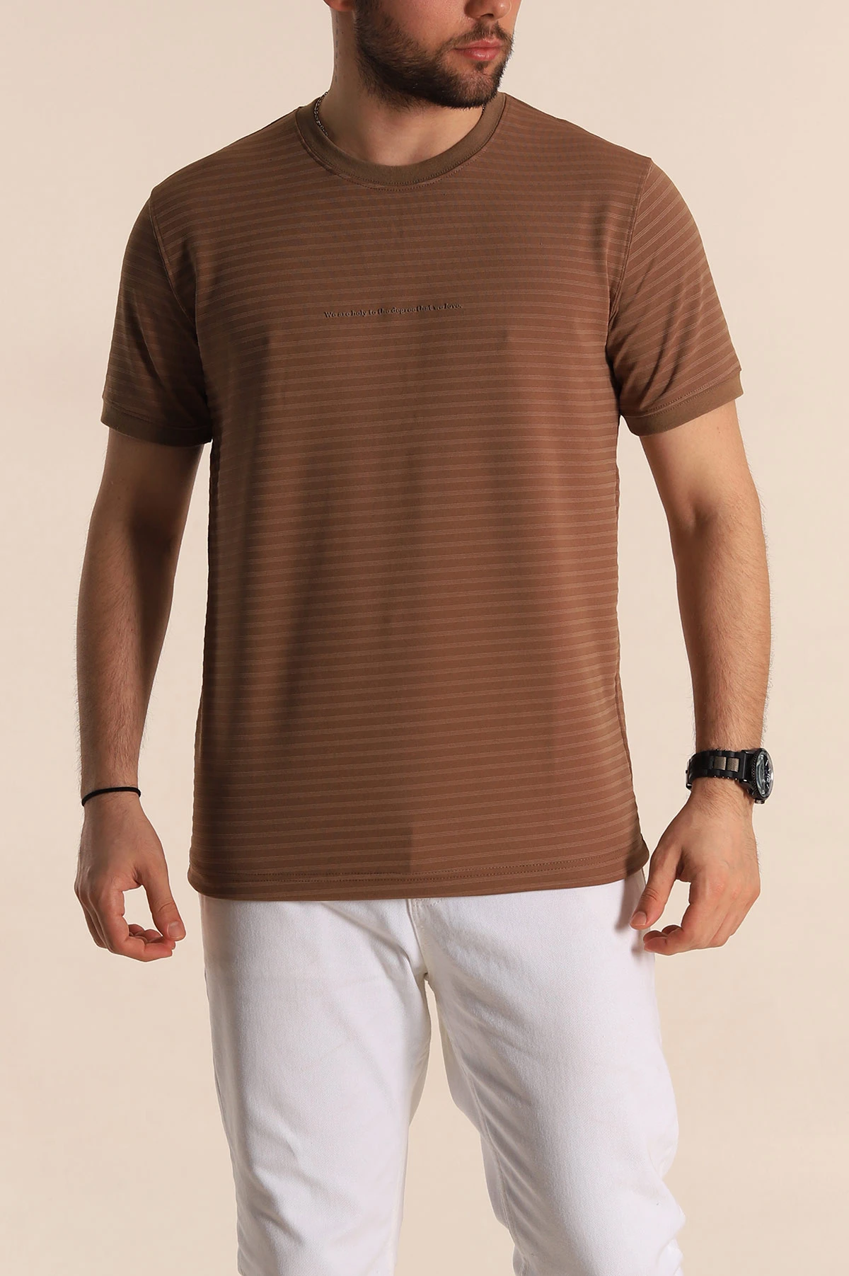 Kahverengi Slim Fit Çizgi Detay Likralı Erkek Tişört 268684