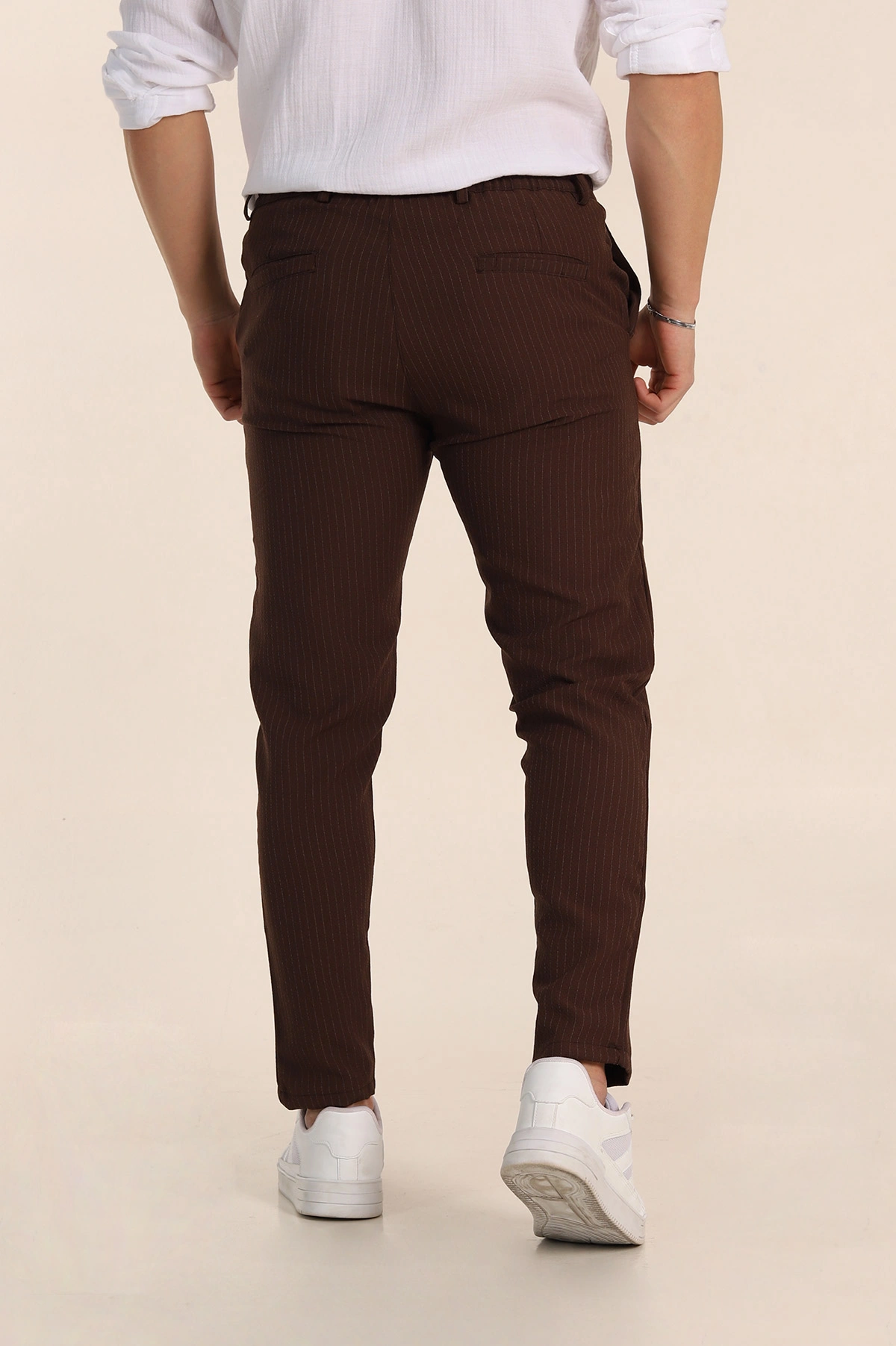 Kahverengi Slim Fit Çizgili Gofre Kumaş Erkek Pantolon 351864
