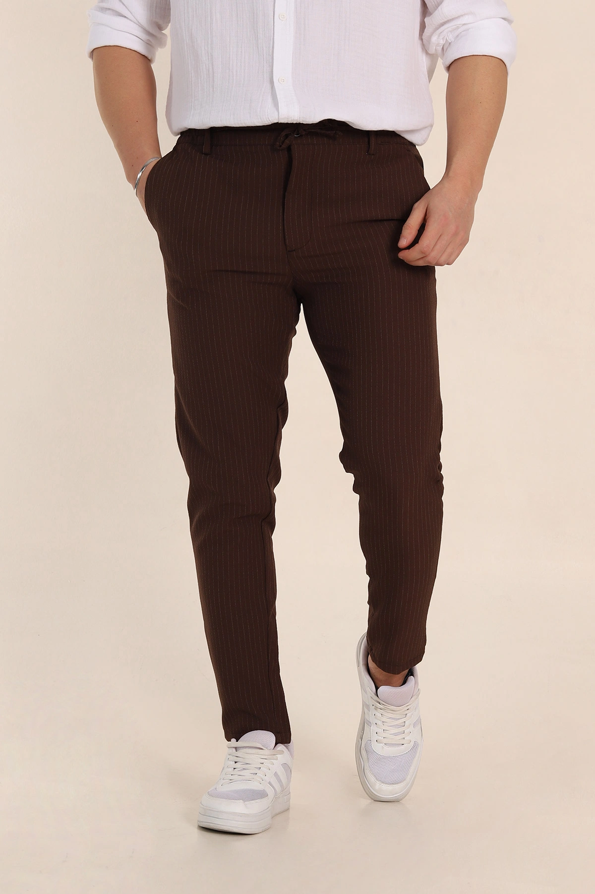Kahverengi Slim Fit Çizgili Gofre Kumaş Erkek Pantolon 351864