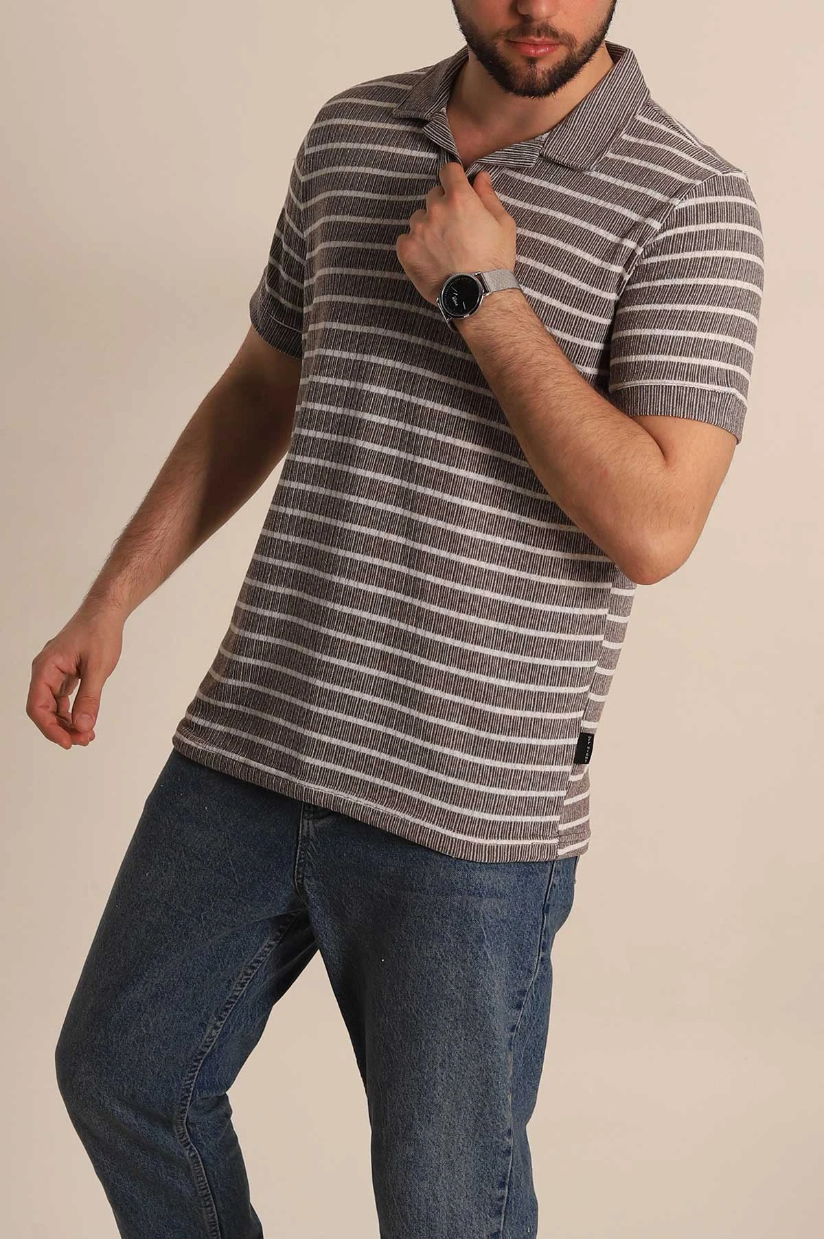 Kahverengi Slim Fit Çizgili Polo Yaka Erkek Tişört 276016