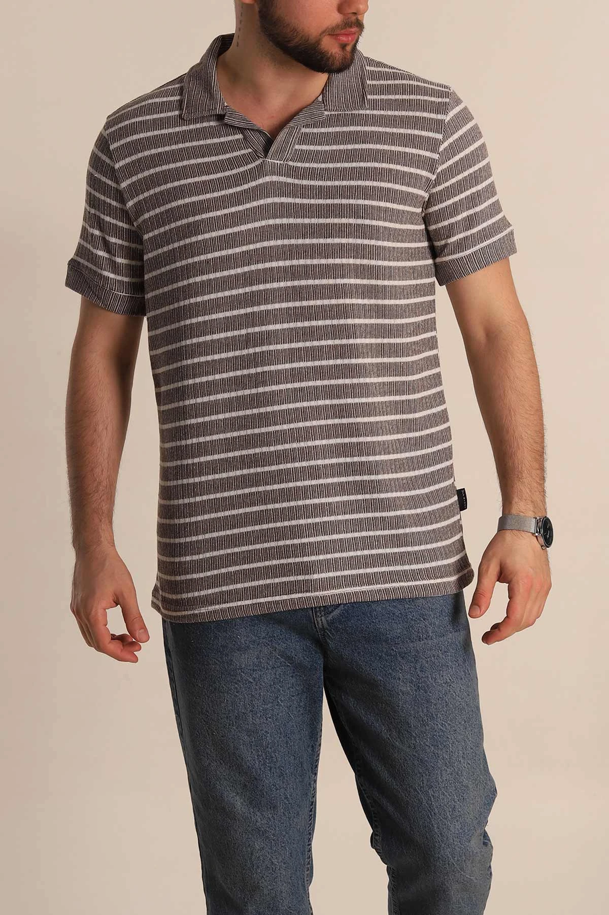Kahverengi Slim Fit Çizgili Polo Yaka Erkek Tişört 276016