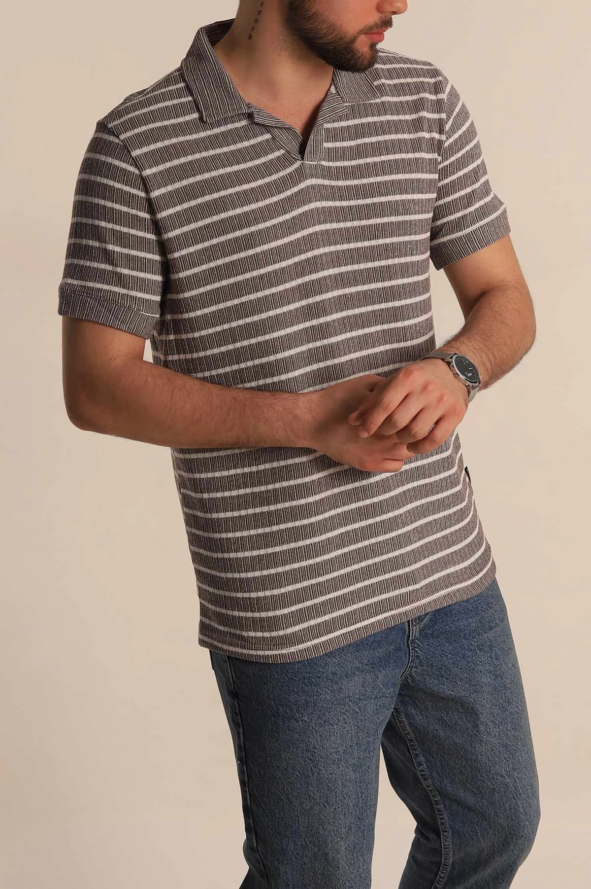 Kahverengi Slim Fit Çizgili Polo Yaka Erkek Tişört 276016