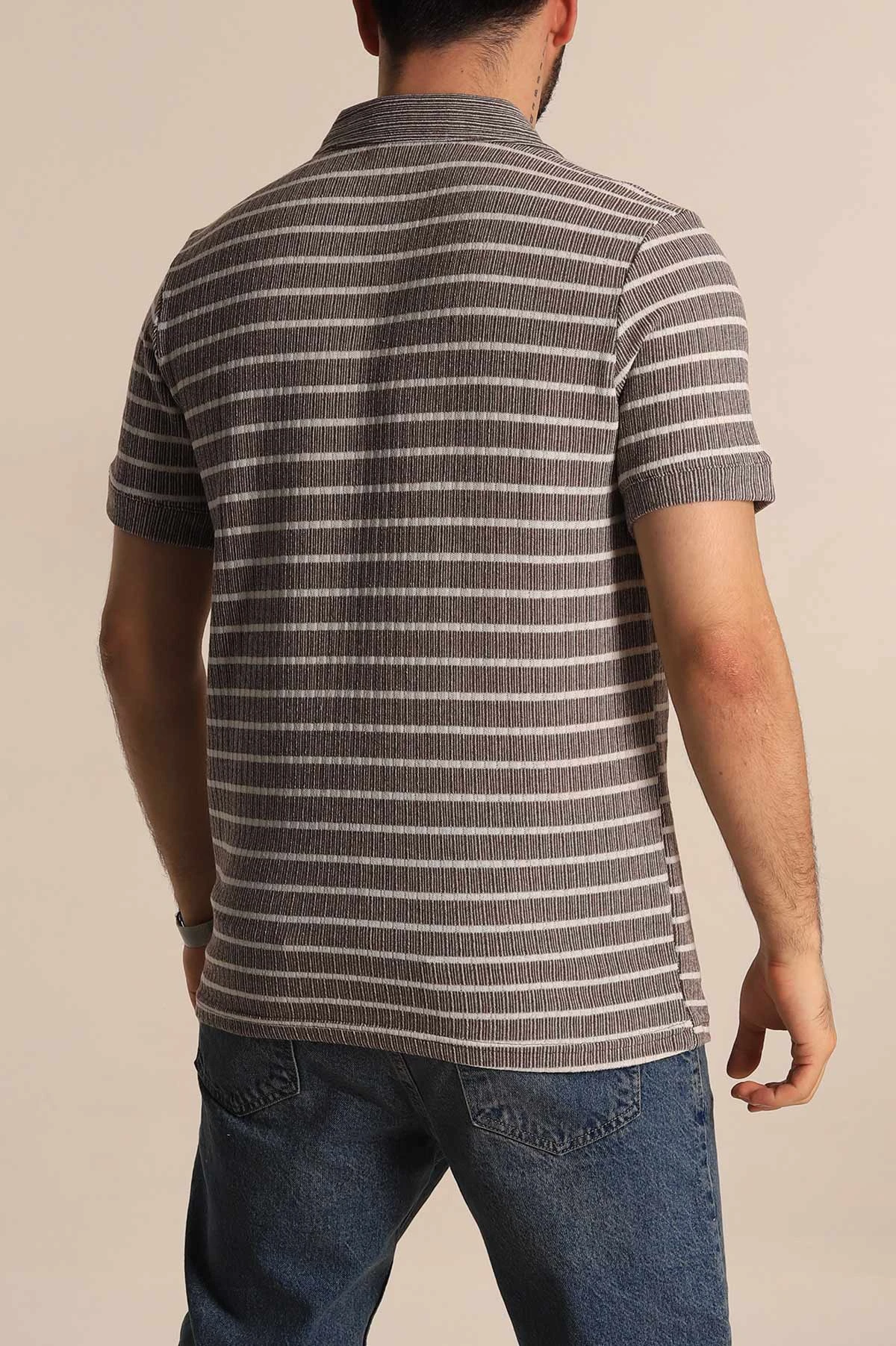 Kahverengi Slim Fit Çizgili Polo Yaka Erkek Tişört 276016