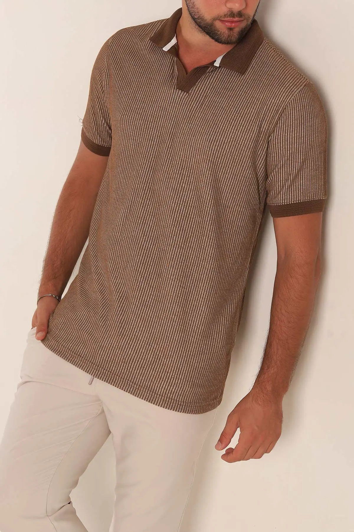 Kahverengi Slim Fit Fitilli Doku Polo Yaka Erkek Tişört 262703