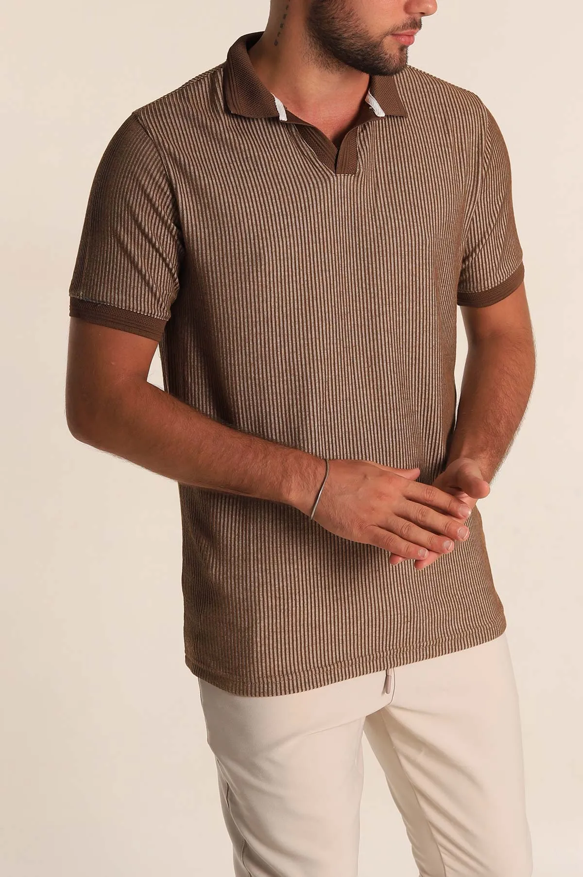 Kahverengi Slim Fit Fitilli Doku Polo Yaka Erkek Tişört 262703