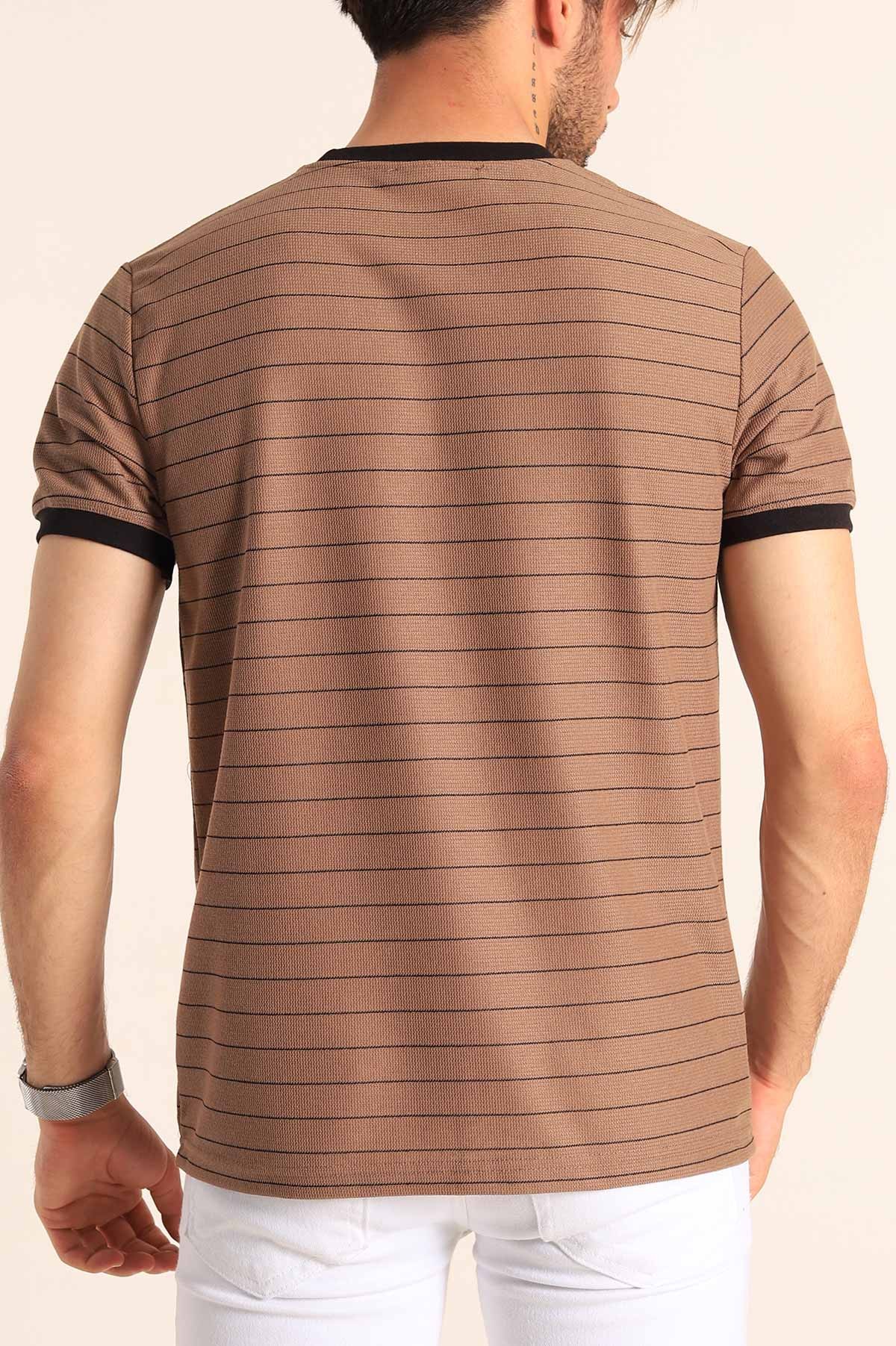 Kahverengi Slim Fit Kabartma Yazılı Çizgili Erkek Tişört 186845