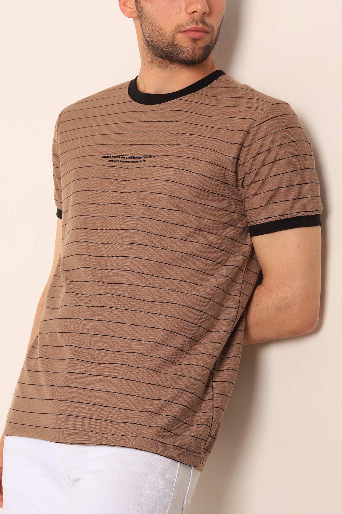 Kahverengi Slim Fit Kabartma Yazılı Çizgili Erkek Tişört 186845