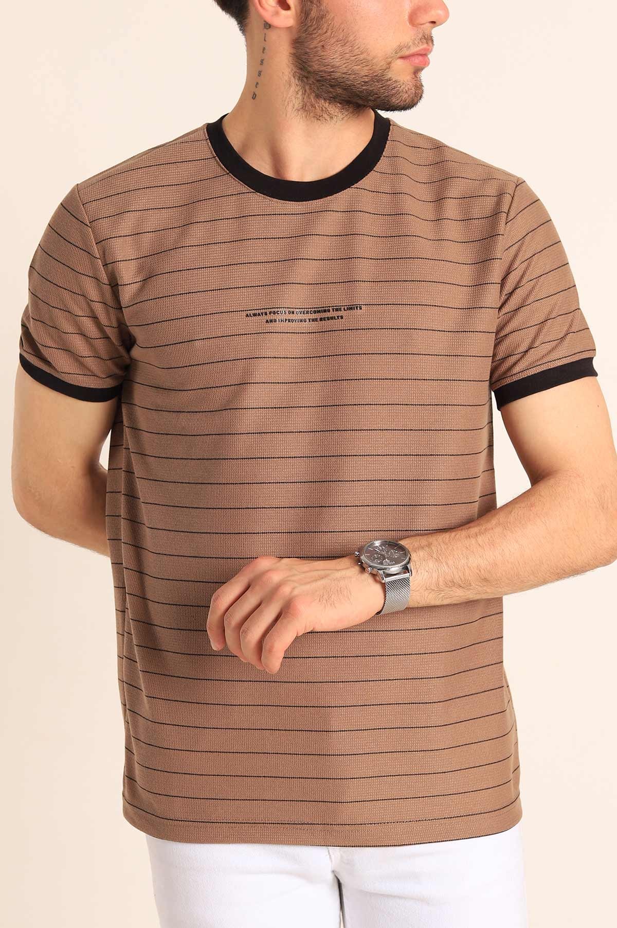 Kahverengi Slim Fit Kabartma Yazılı Çizgili Erkek Tişört 186845