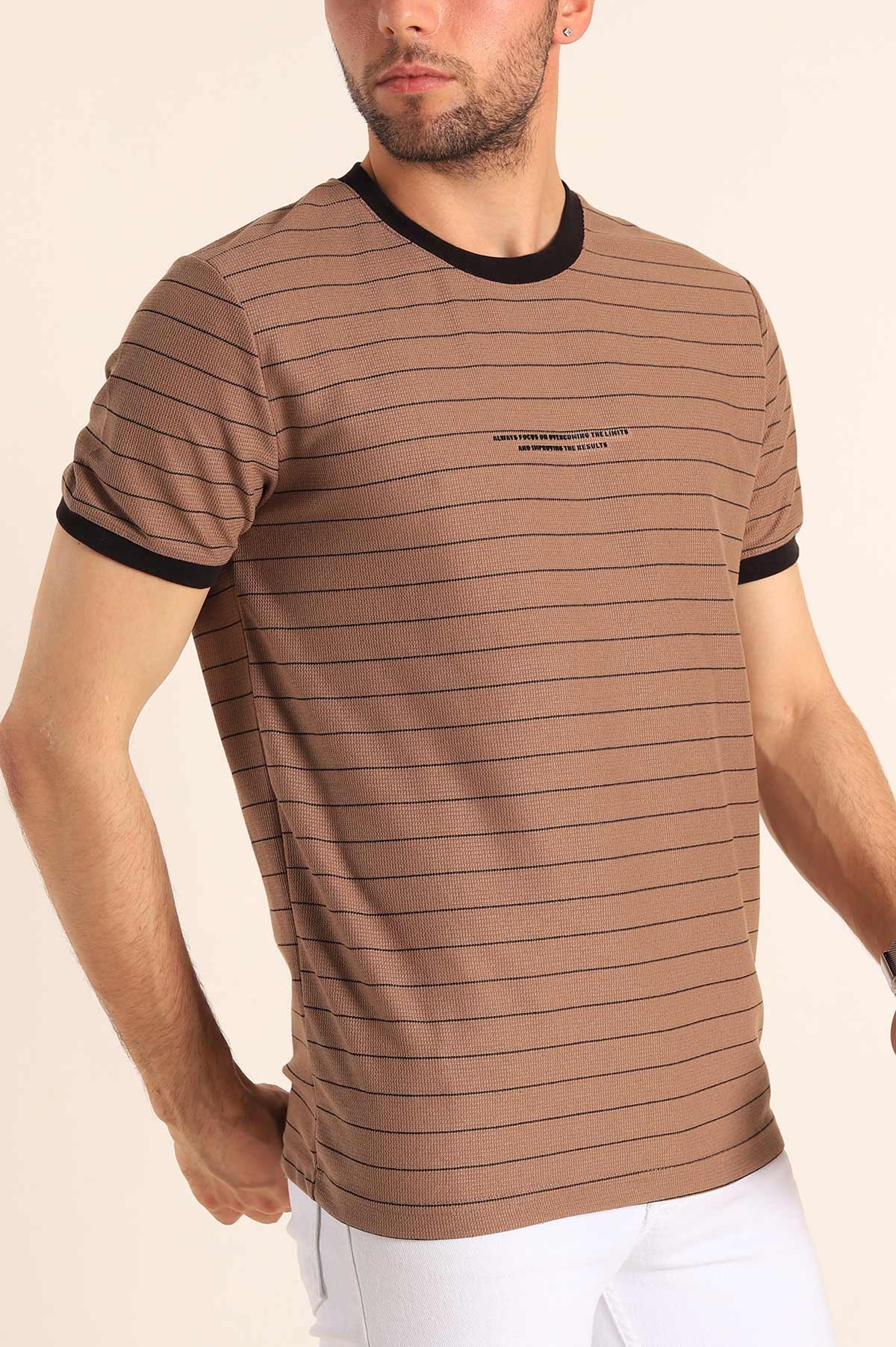 Kahverengi Slim Fit Kabartma Yazılı Çizgili Erkek Tişört 186845