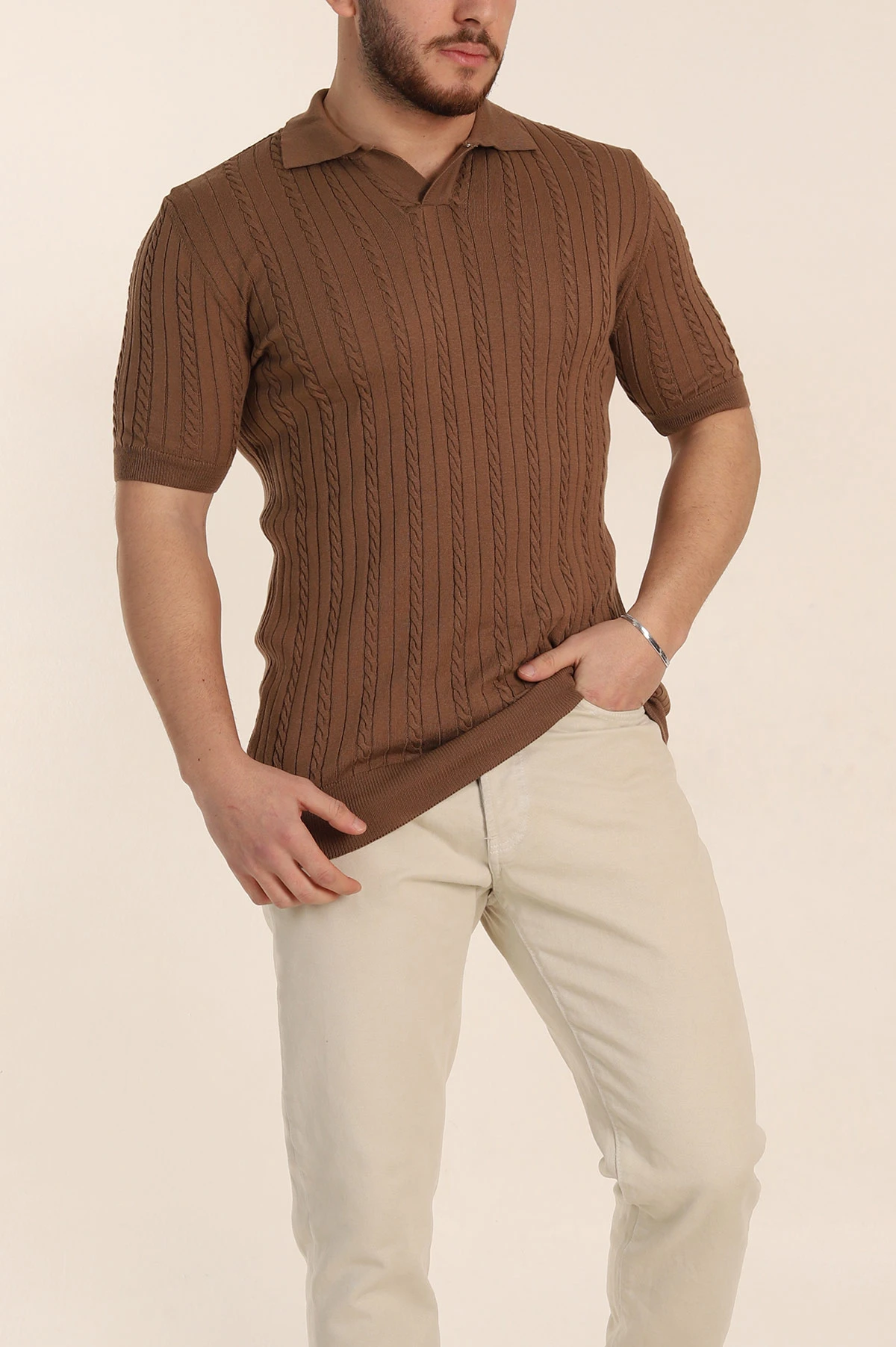 Kahverengi Slim Fit Örgü Desenli Polo Yaka Kısa Kollu Erkek Triko Tişört 342769