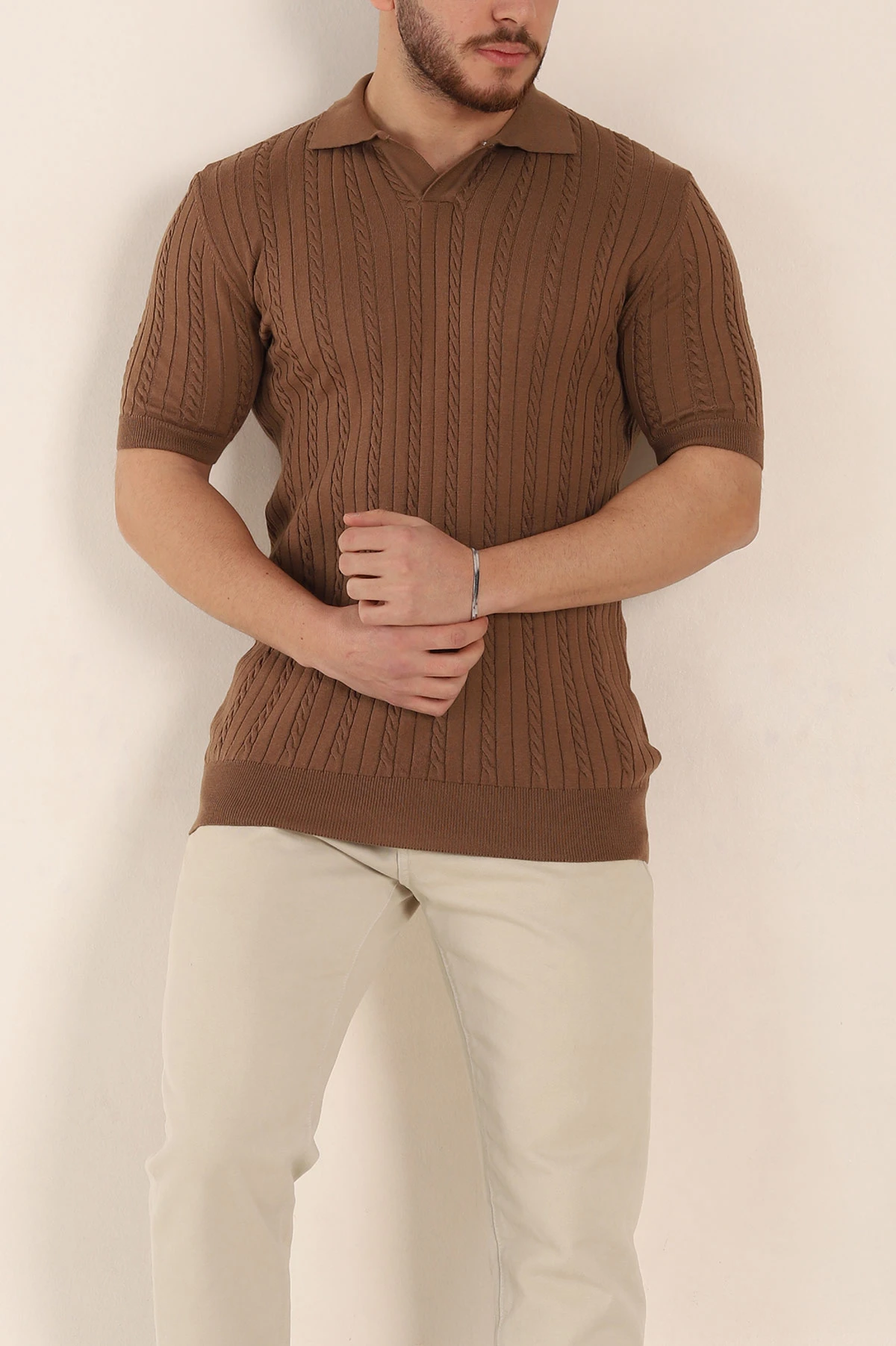 Kahverengi Slim Fit Örgü Desenli Polo Yaka Kısa Kollu Erkek Triko Tişört 342769