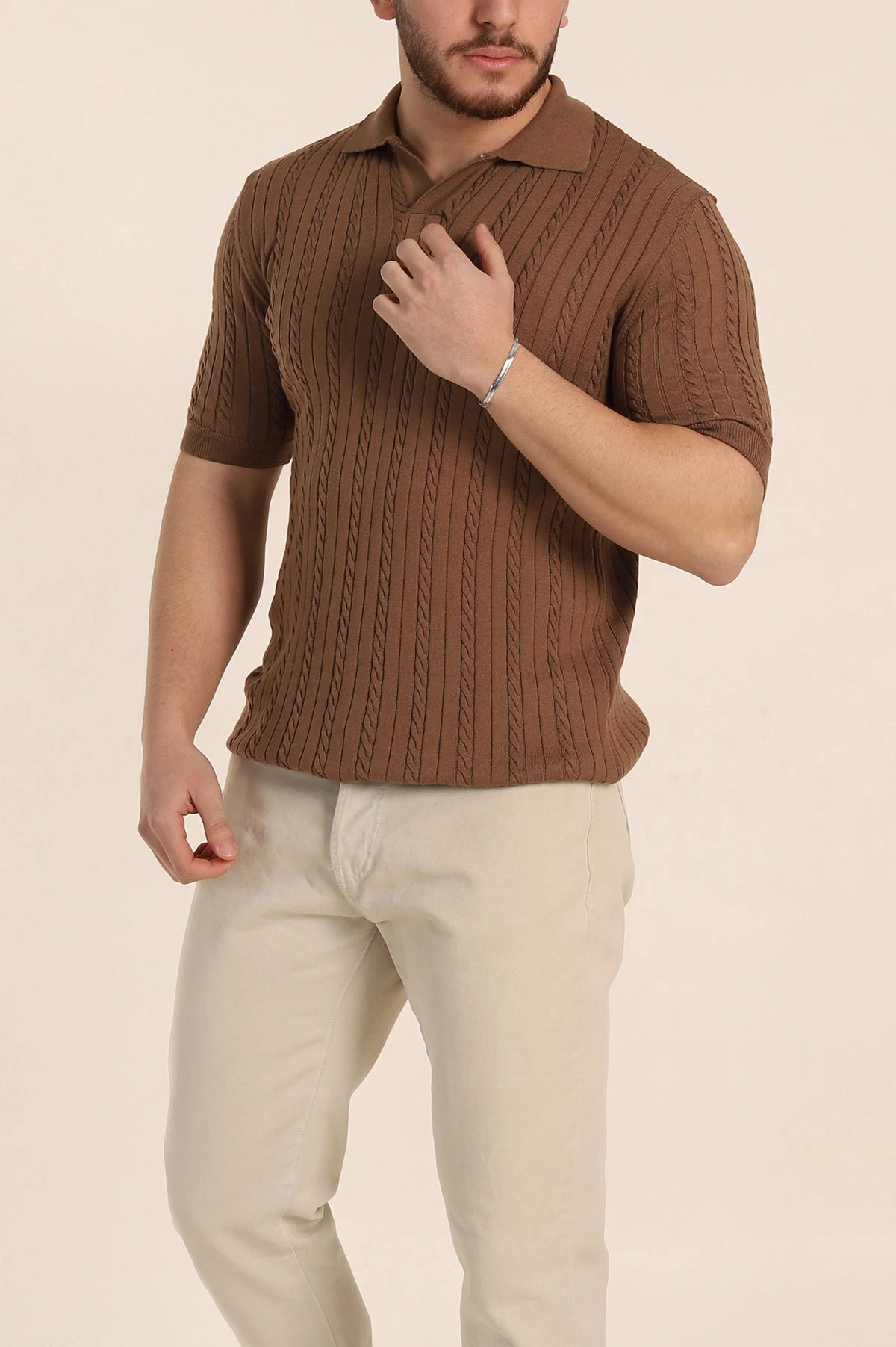 Kahverengi Slim Fit Örgü Desenli Polo Yaka Kısa Kollu Erkek Triko Tişört 342769
