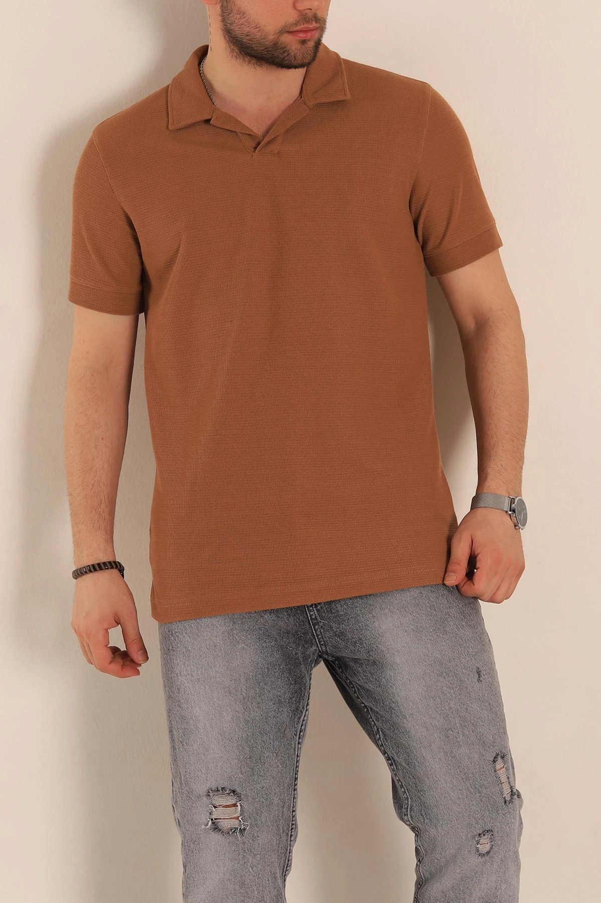 Kahverengi Slim Fit Polo Yaka Erkek Tişört 262904