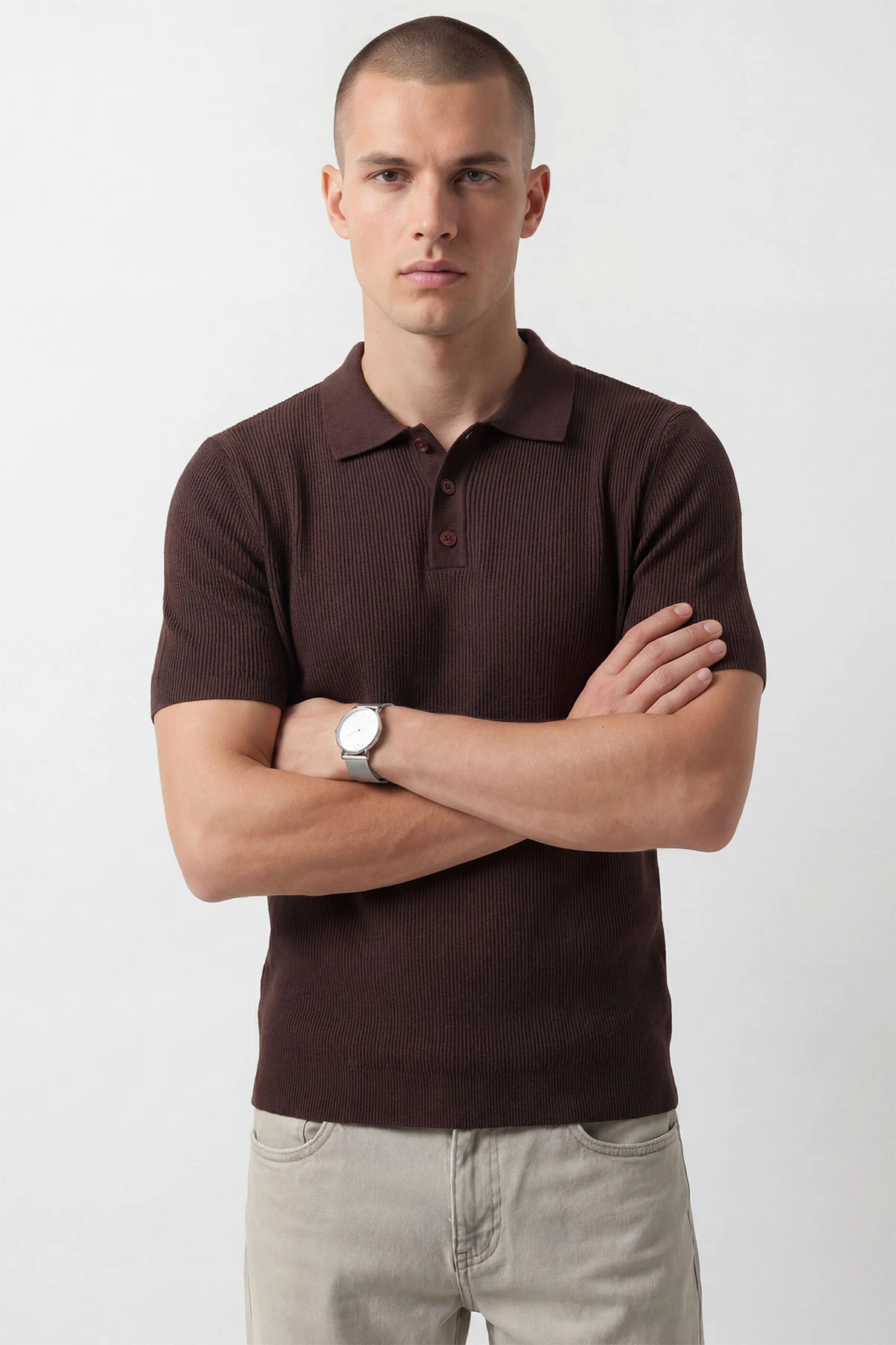 Kahverengi Slim Fit Polo Yaka Triko Erkek Tişört 449052