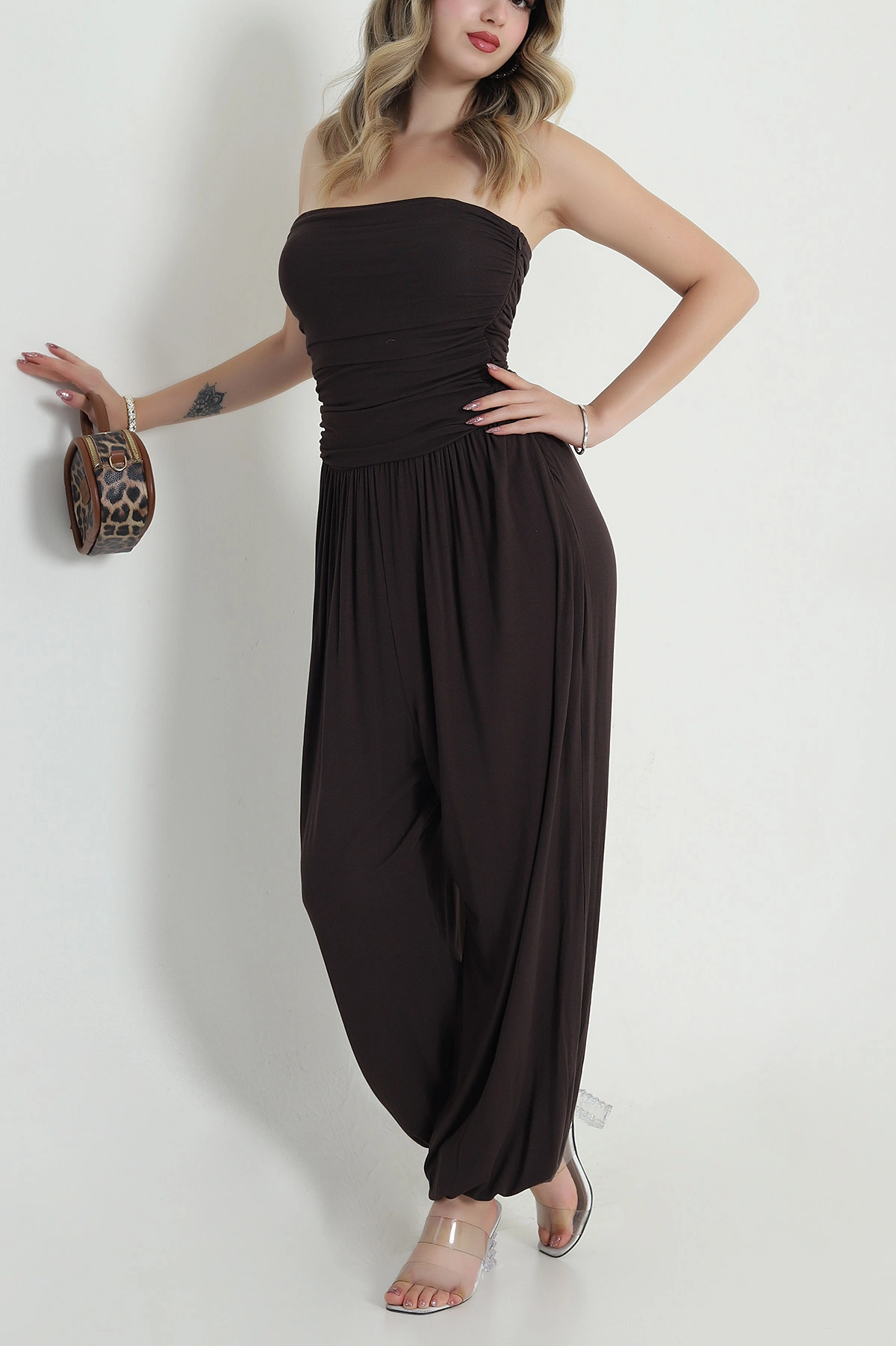 Kahverengi Straplez Balon Viskon Kadın Tulum 478766