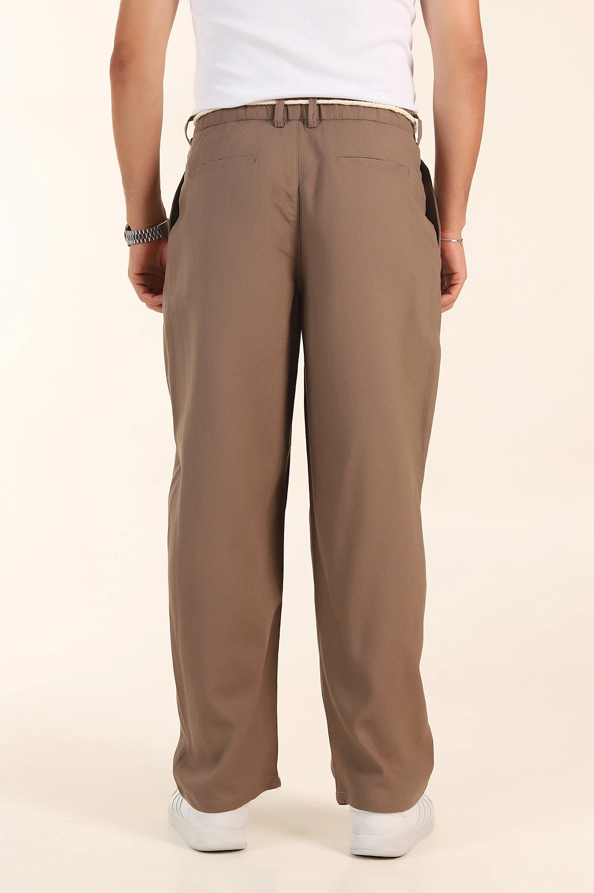 Kahverengi Süper Baggy Keten Bel Lastikli Erkek Pantolon 380960