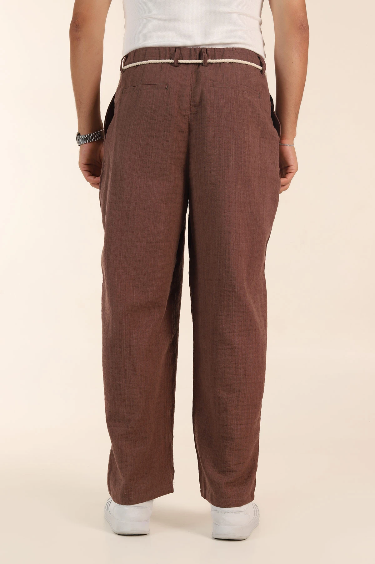 Kahverengi Süper Baggy Keten Belden Bağlamalı Erkek Pantolon 380890