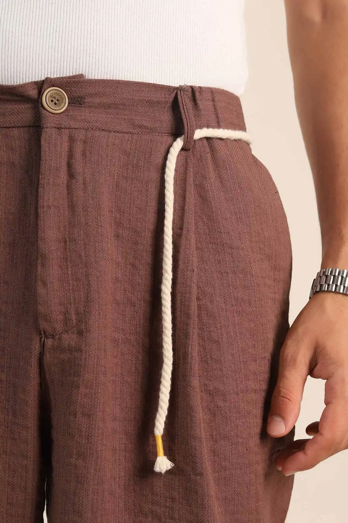 Kahverengi Süper Baggy Keten Belden Bağlamalı Erkek Pantolon 380890