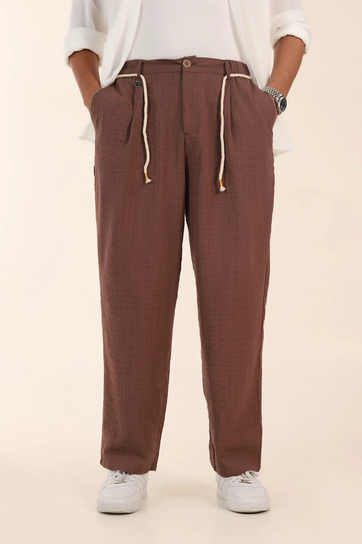 Kahverengi Süper Baggy Keten Belden Bağlamalı Erkek Pantolon 380890