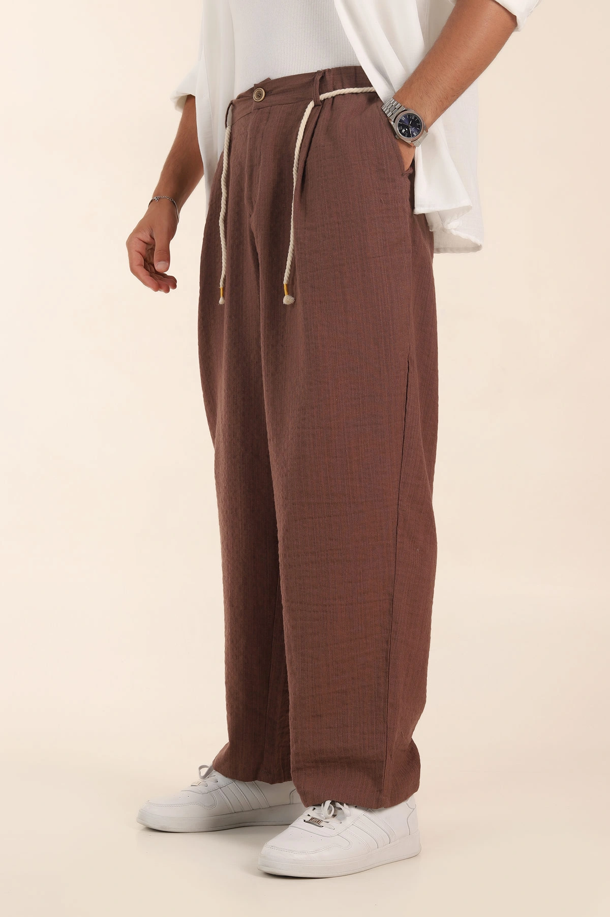 Kahverengi Süper Baggy Keten Belden Bağlamalı Erkek Pantolon 380890