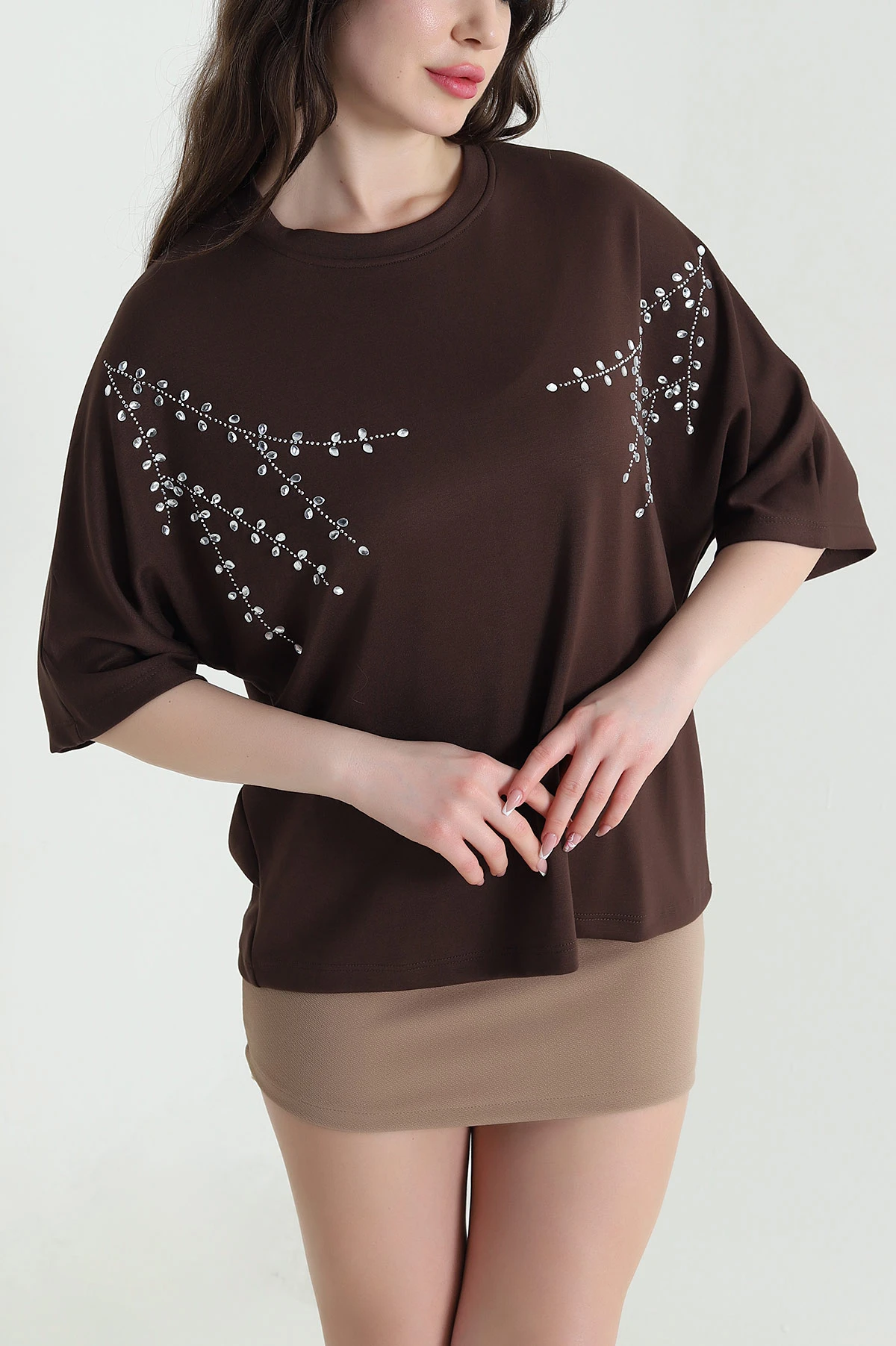 Kahverengi Taş İşlemeli Modal Kadın Bluz 452747