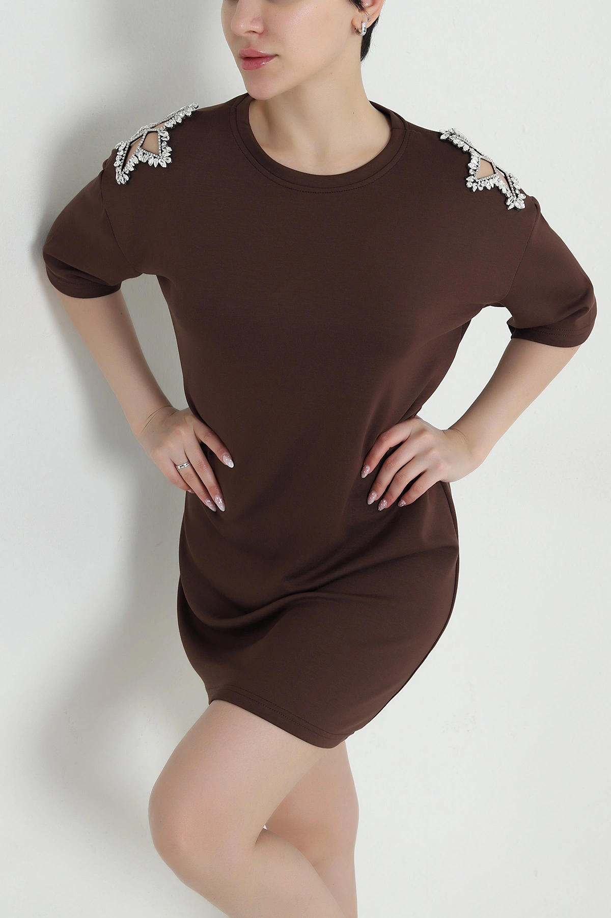 Kahverengi Taş İşlemeli Modal Kadın Elbise 461558