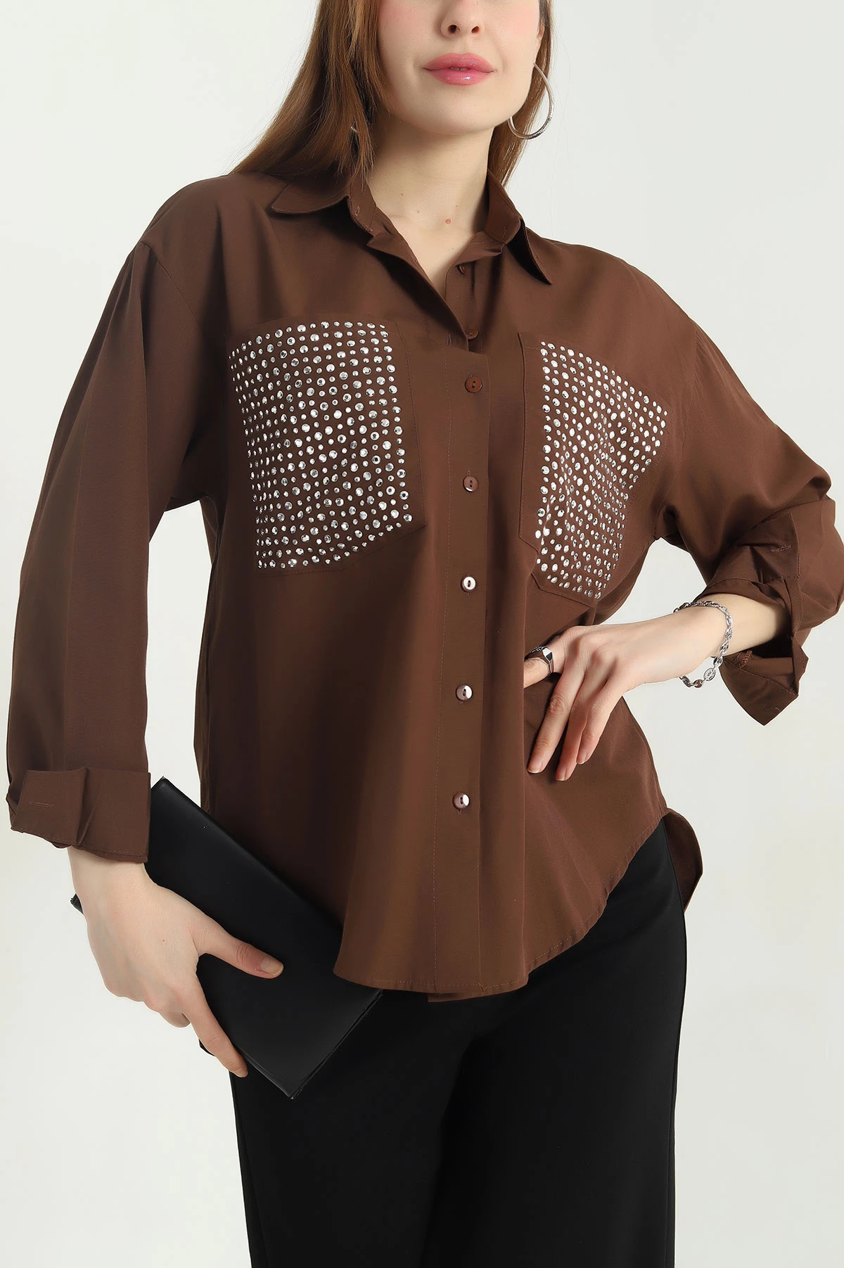 Kahverengi Taşlı Çift Cep Poplin Gömlek 341253