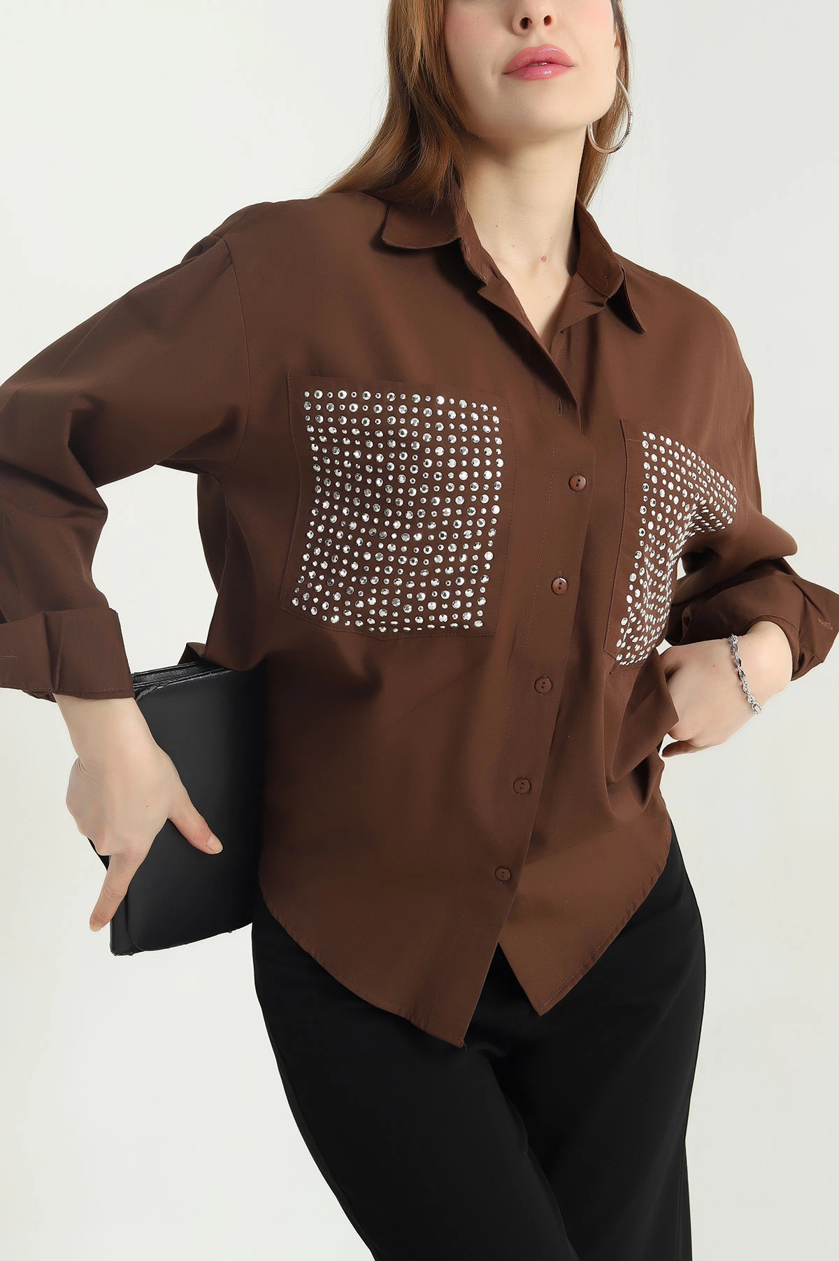 Kahverengi Taşlı Çift Cep Poplin Gömlek 341253