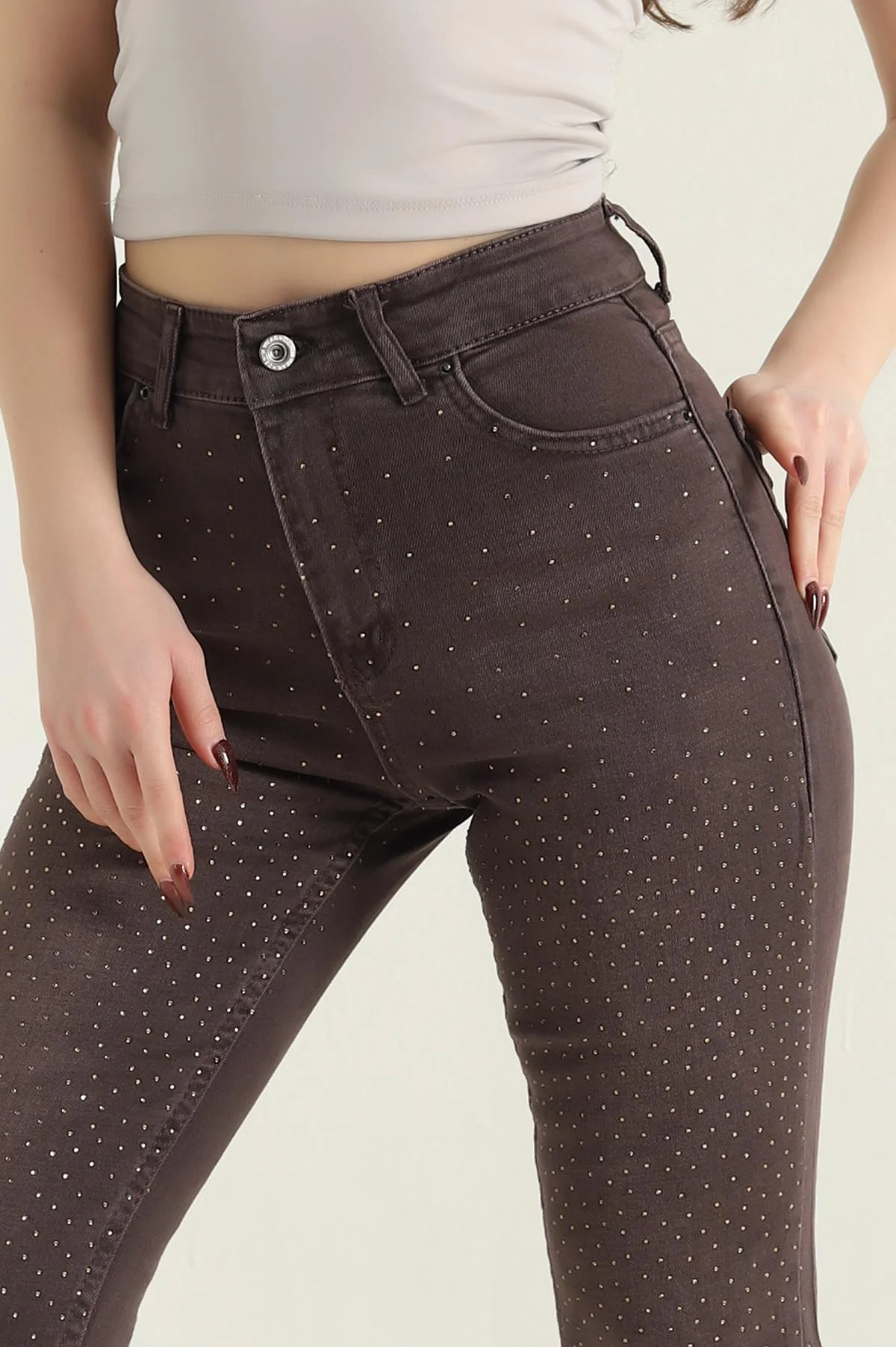 Kahverengi Taşlı Likralı Lazer Paça Kadın Kot Pantolon 435030