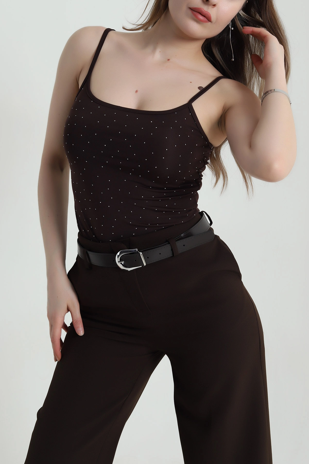 Kahverengi Taşlı Likralı Sandy Kadın Zıbın Bluz 458235