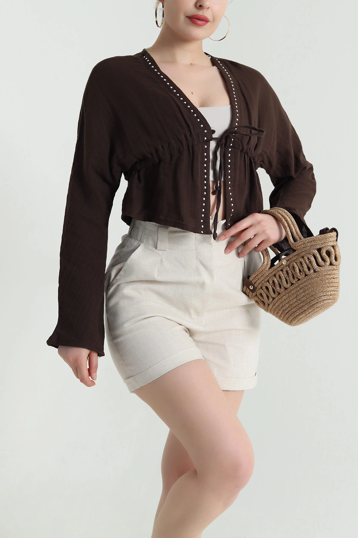 Kahverengi Taşlı Müslin Keten Kadın Kimono Bluz 466281