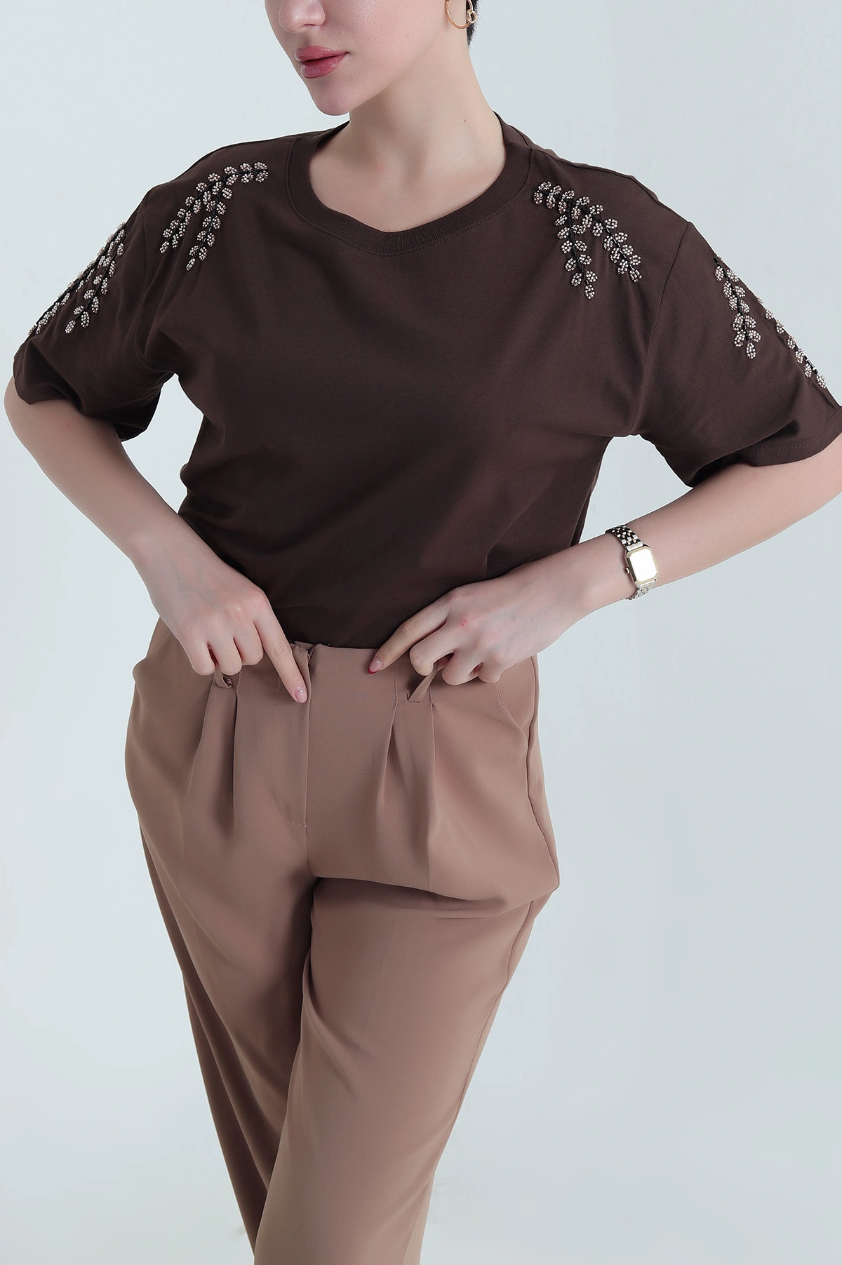 Kahverengi Taşlı Süprem Kadın Tişört 438582