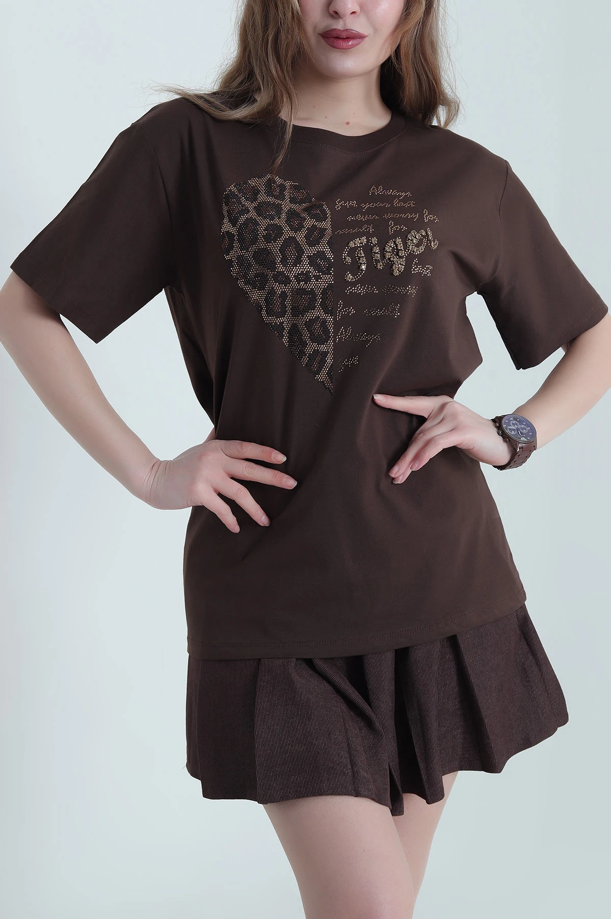 Kahverengi Taşlı Süprem Kadın Tişört 438692