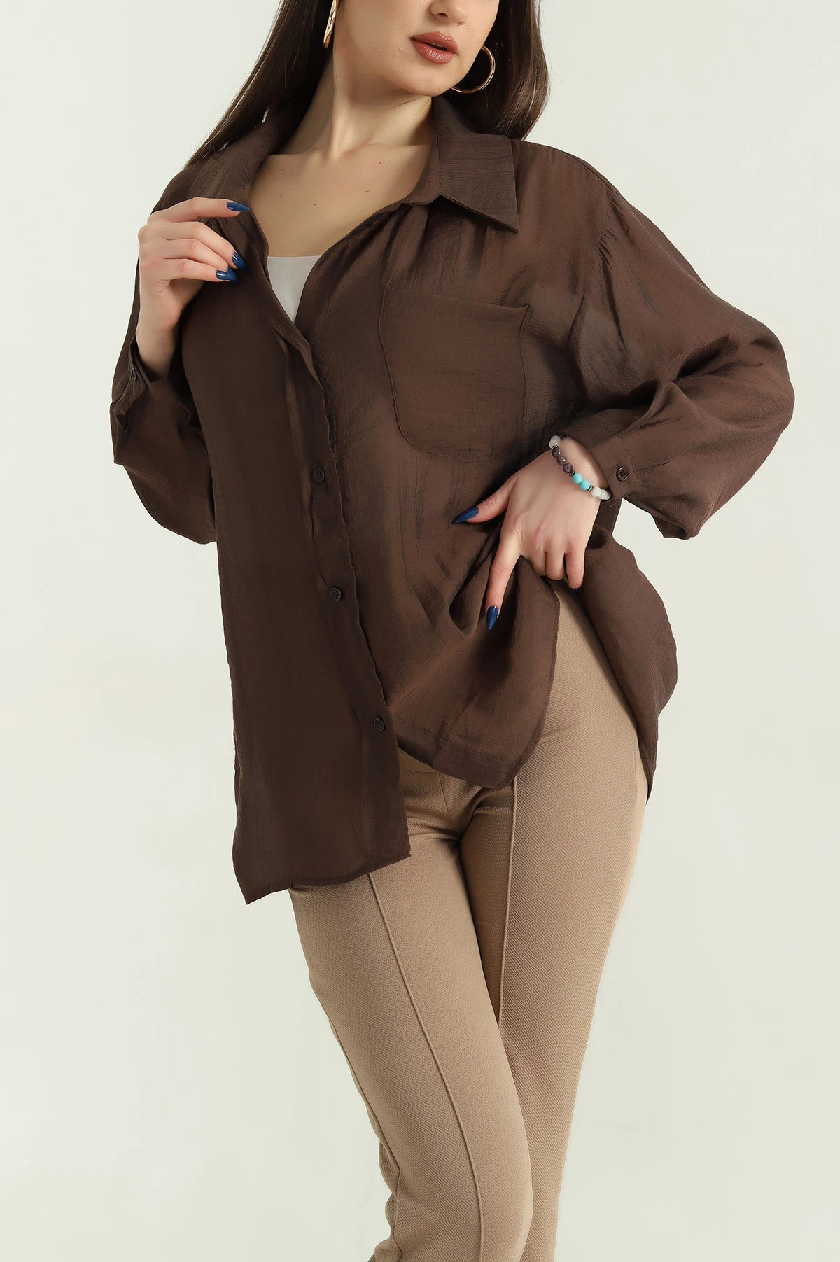 Kahverengi Tek Cep Oversize Dokuma Bayan Gömlek 336958