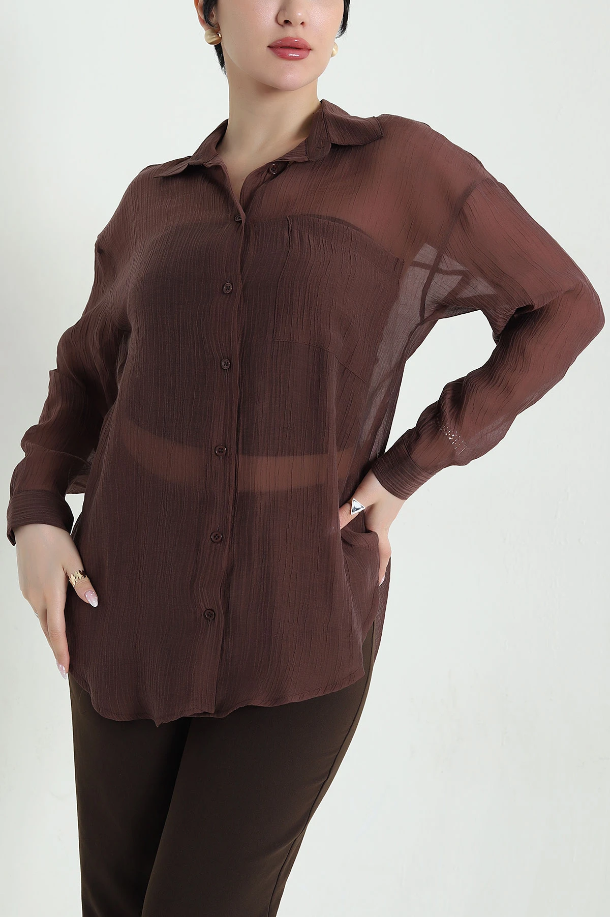 Kahverengi Tek Cep Tencel Kadın Gömlek 456031