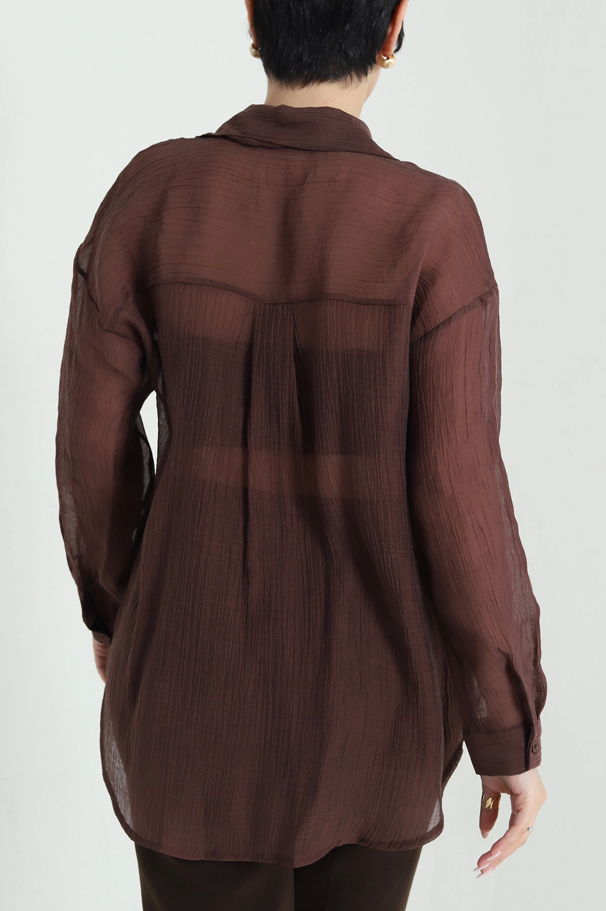 Kahverengi Tek Cep Tencel Kadın Gömlek 456031