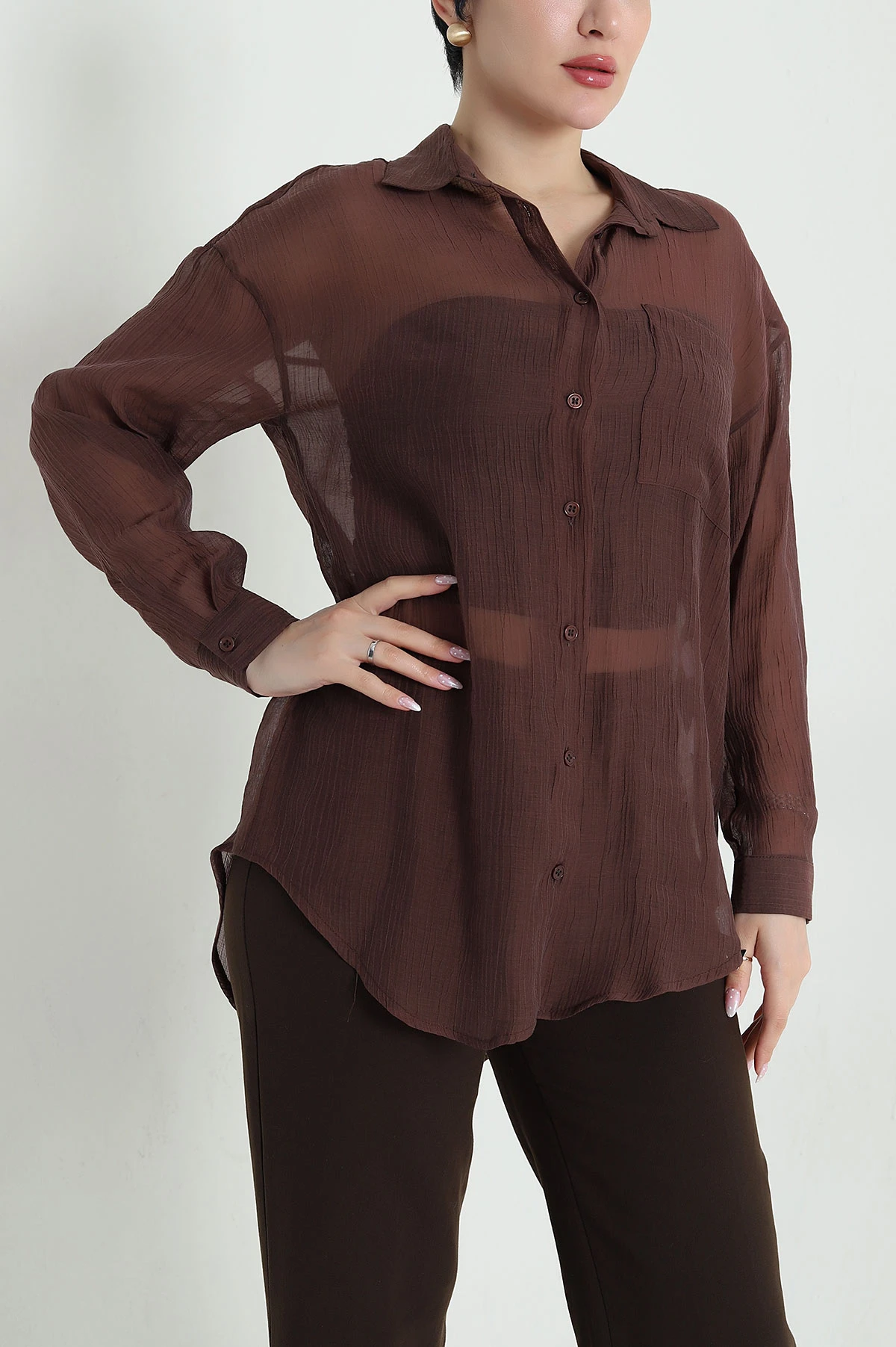 Kahverengi Tek Cep Tencel Kadın Gömlek 456031