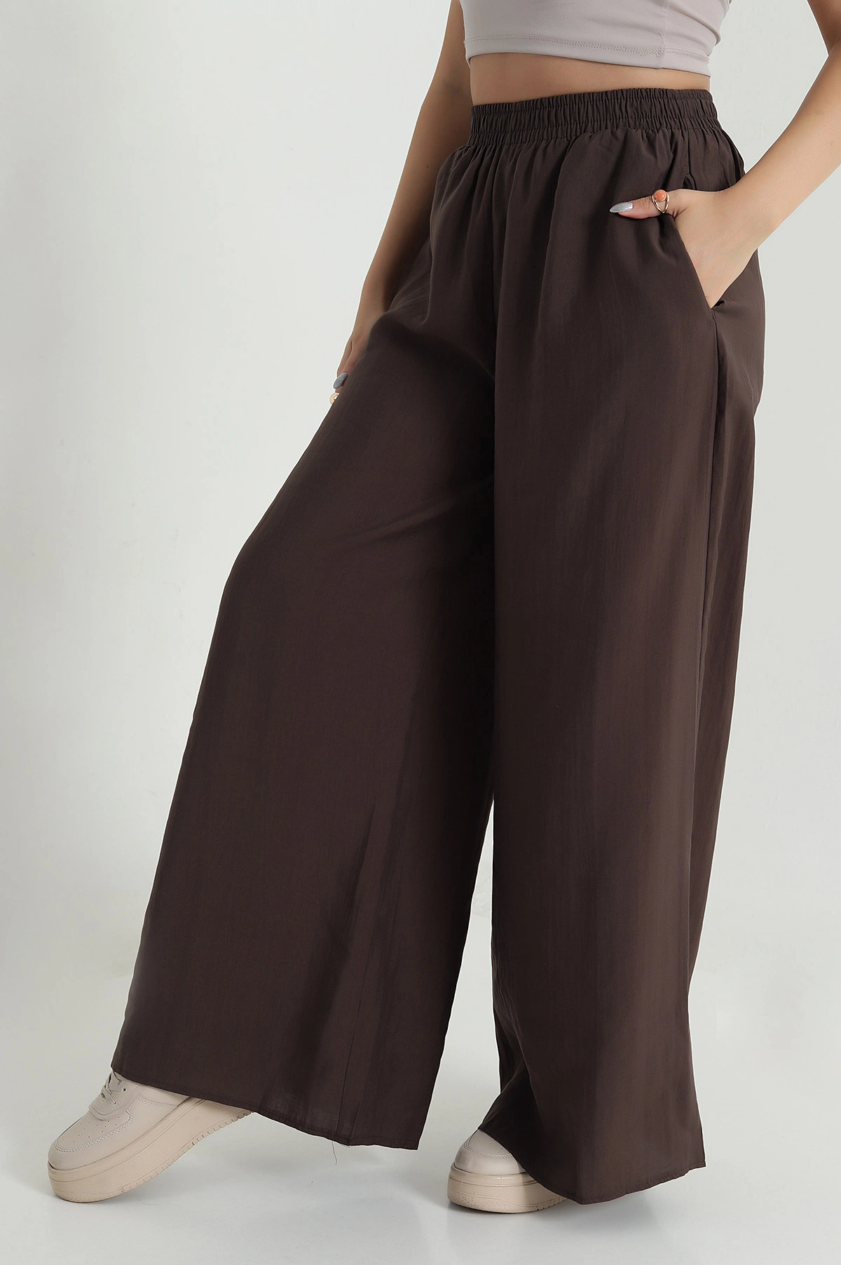 Kahverengi Tencel Bel Lastikli Kadın Pantolon 481029