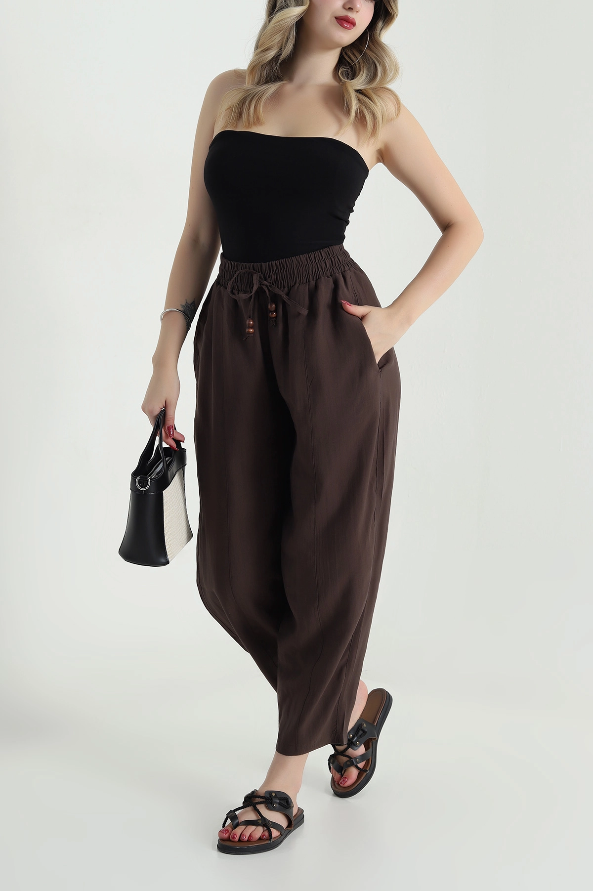 Kahverengi Tencel Boncuklu Şalvar Kadın Pantolon 481050