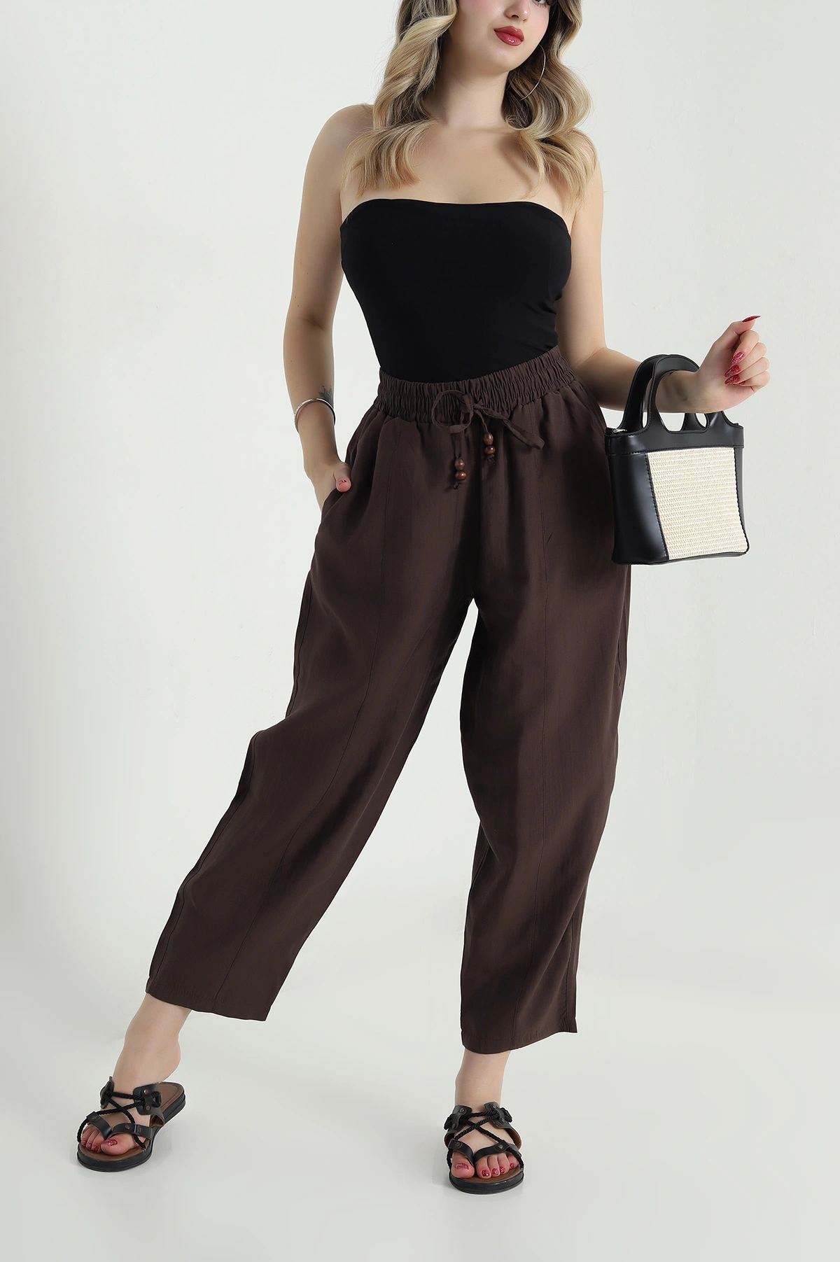 Kahverengi Tencel Boncuklu Şalvar Kadın Pantolon 481050