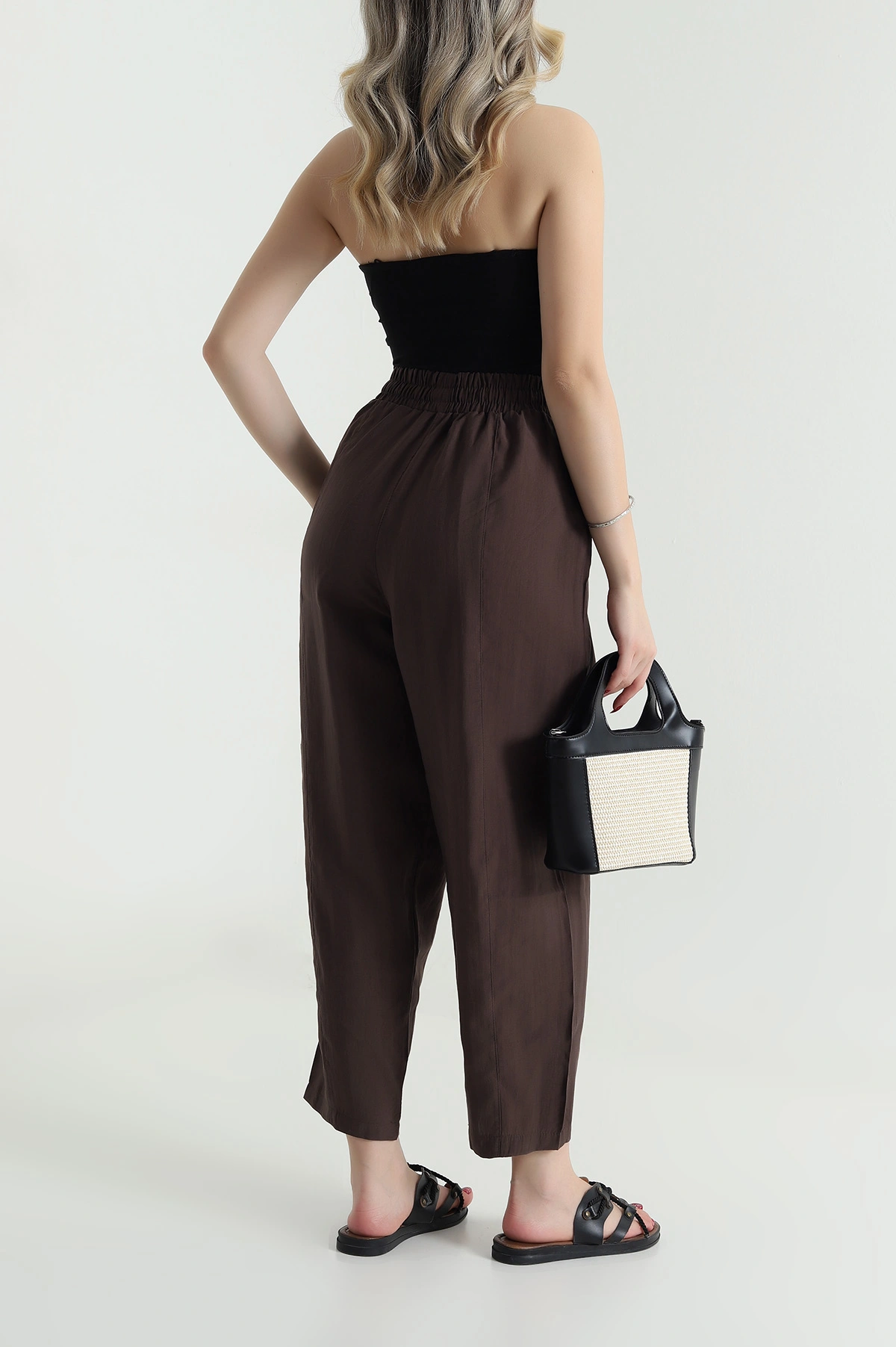 Kahverengi Tencel Boncuklu Şalvar Kadın Pantolon 481050
