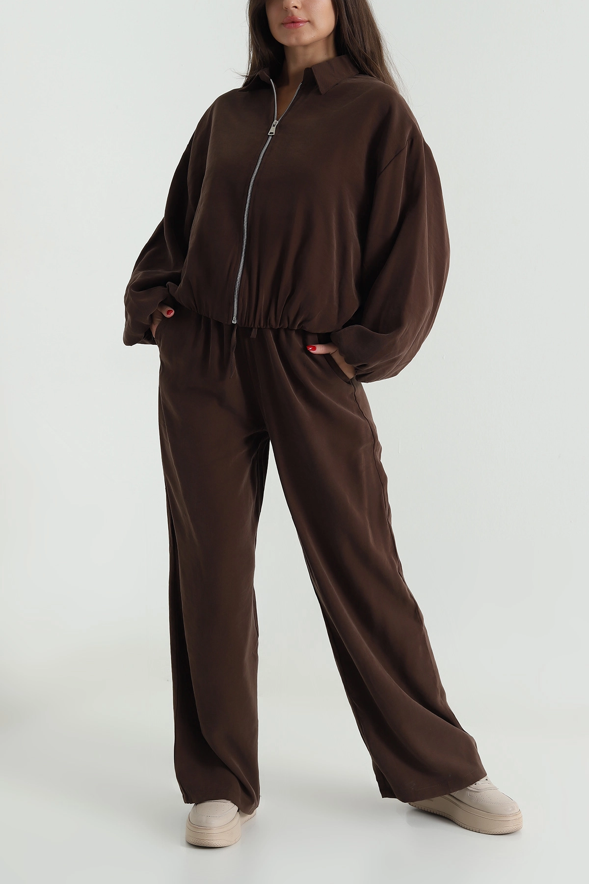 Kahverengi Tencel Gabardin Astarlı Kadın İkili Takım 490935