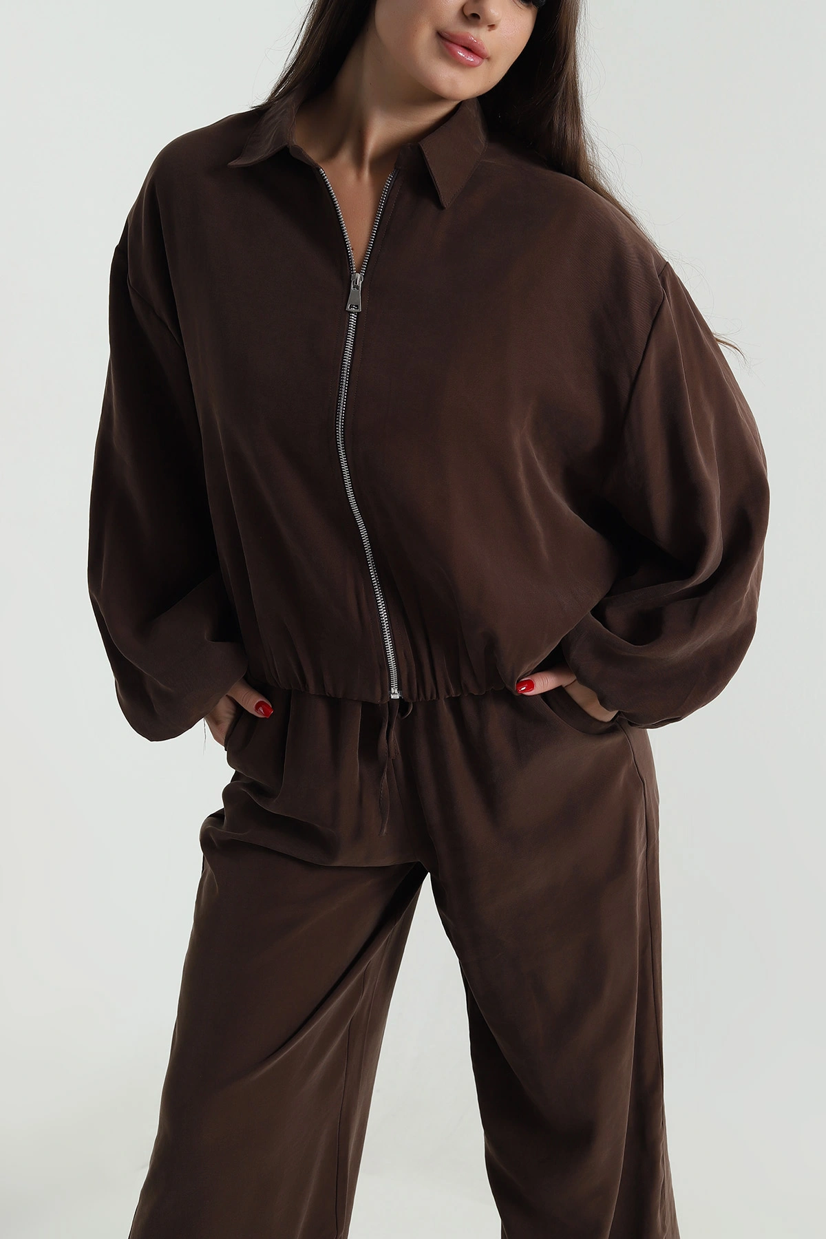 Kahverengi Tencel Gabardin Astarlı Kadın İkili Takım 490935